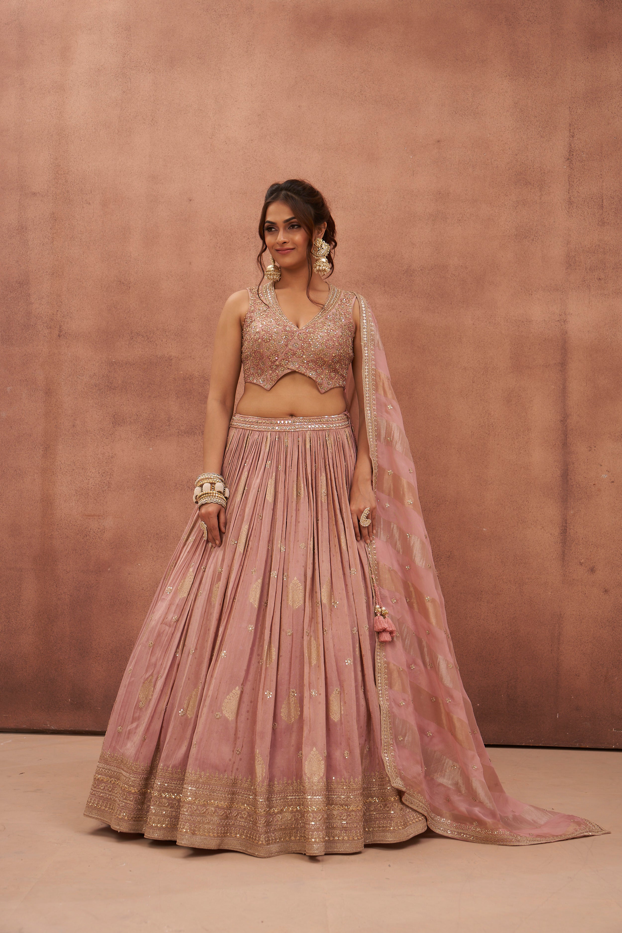 Rose Gold Floral Embroidered Georgette Silk Lehenga Set