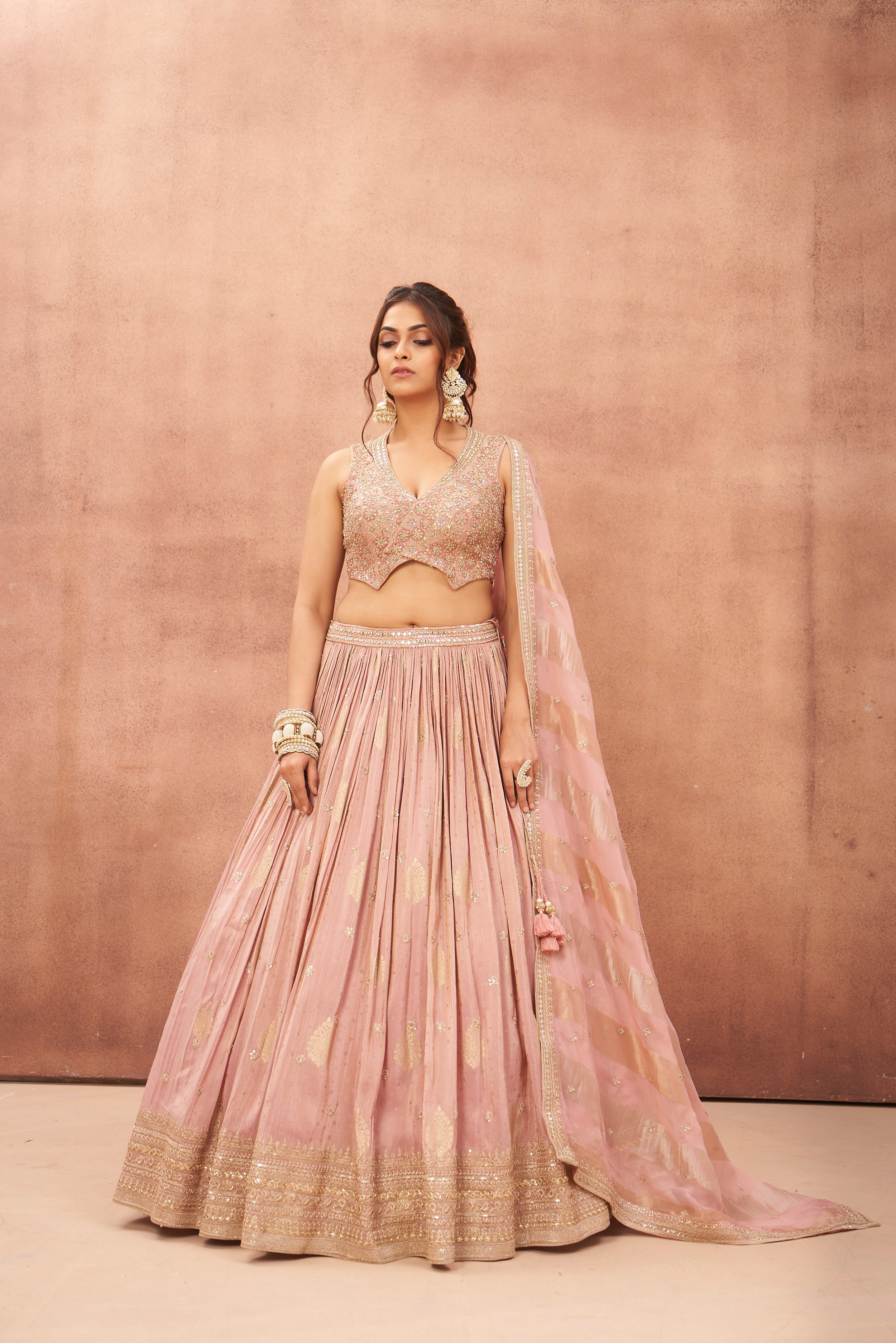 Rose Gold Floral Embroidered Georgette Silk Lehenga Set