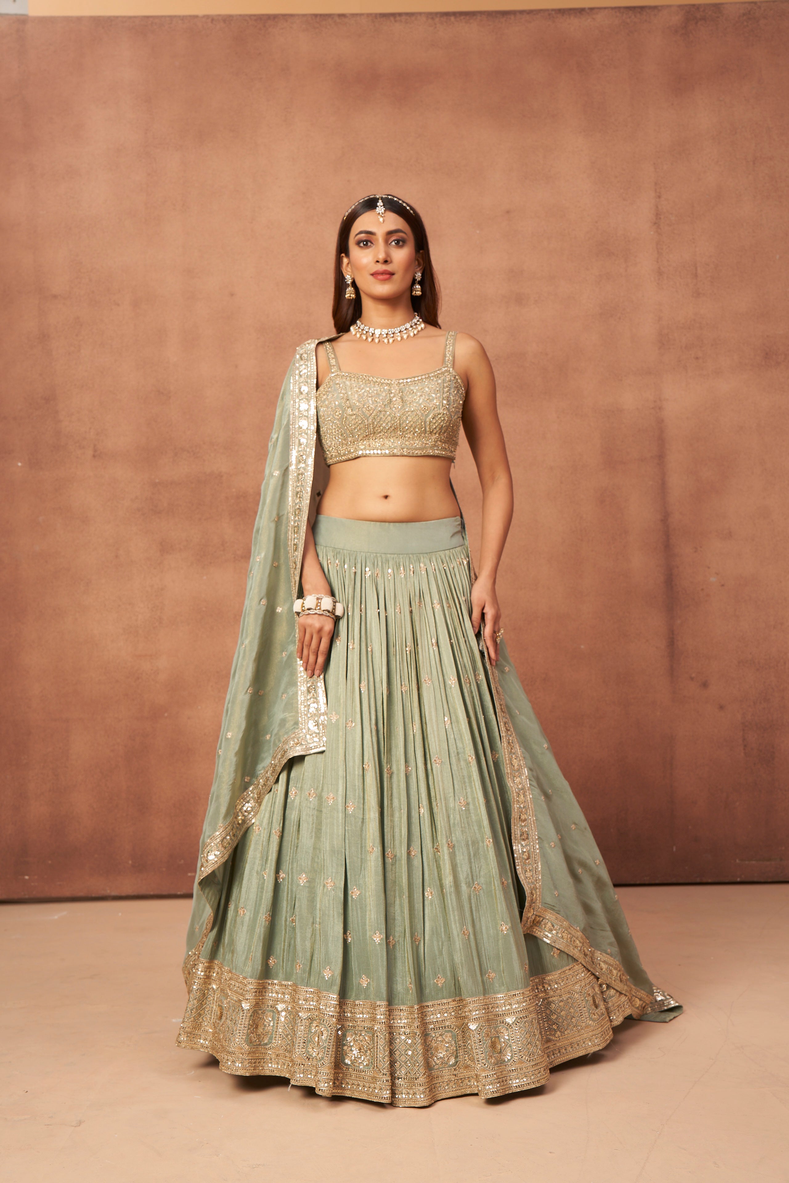 Sage Green Embroidered Crepe Silk Lehenga Set