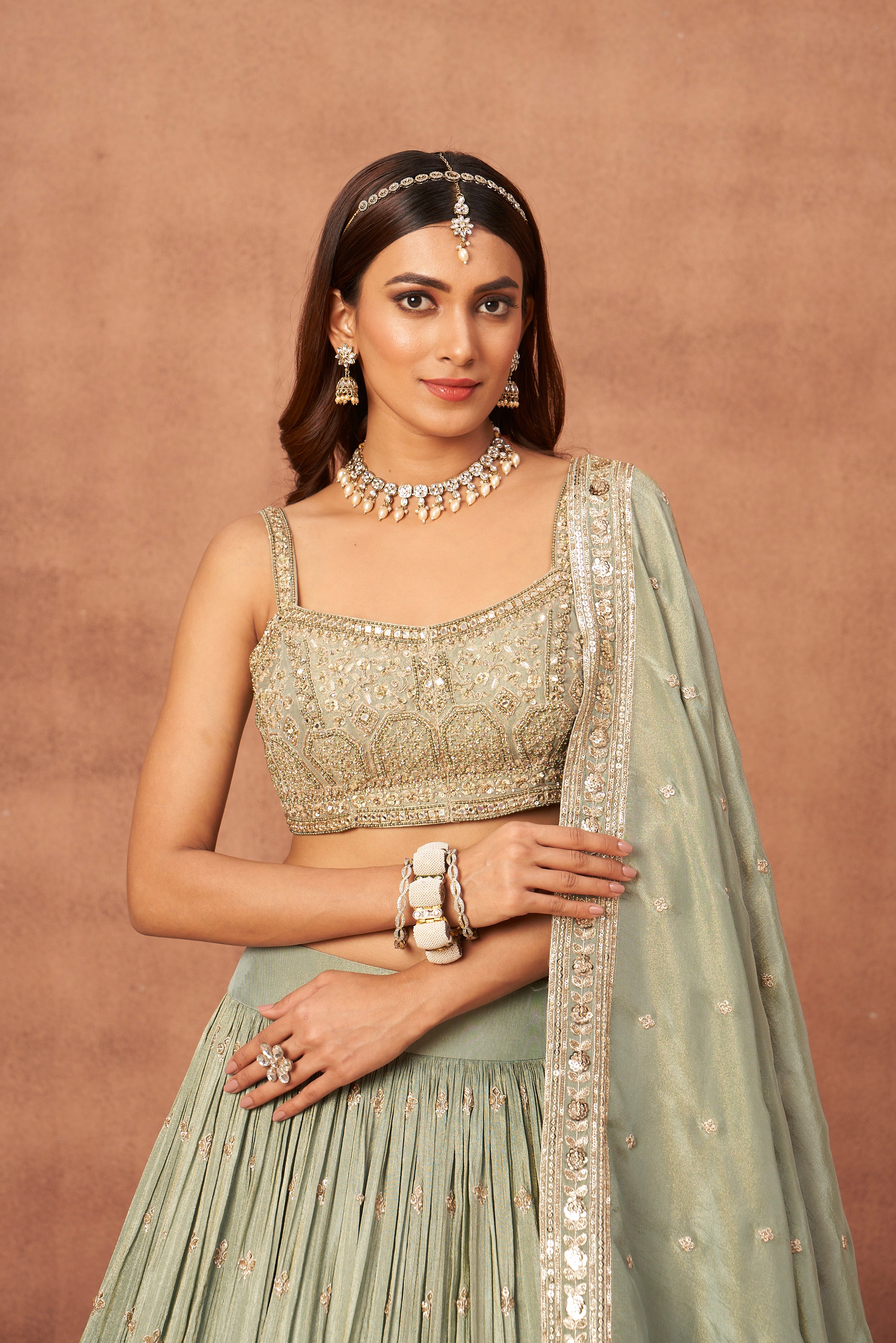 Sage Green Embroidered Crepe Silk Lehenga Set