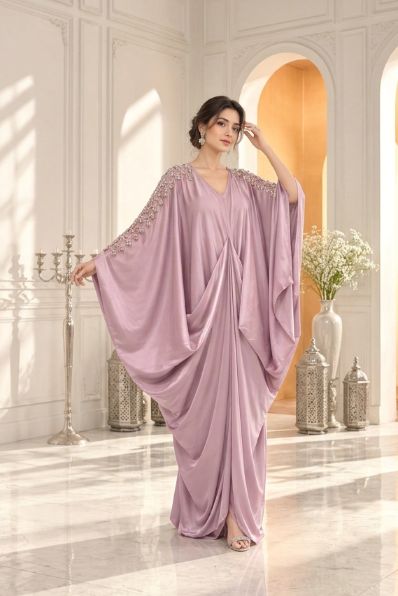 Lavender Crystal-Embellished Crepe Satin Kaftan Gown