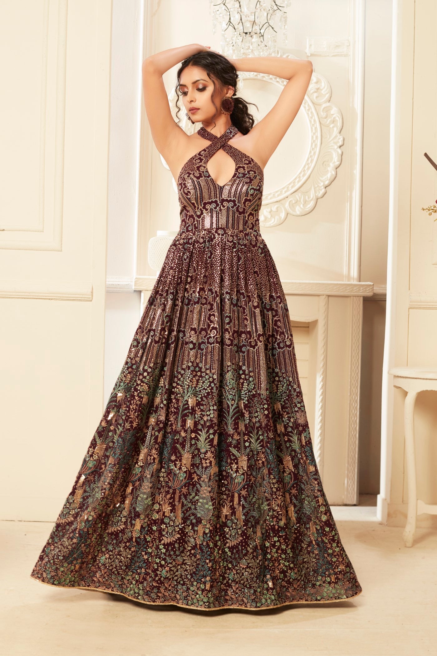Wine Heavy Embroidered Vama Georgette Gown