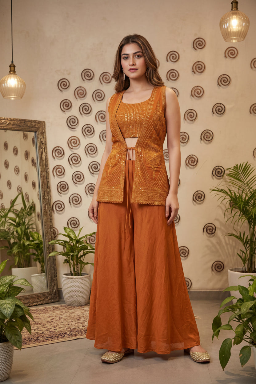Mustard Orange Embellished Chanderi Silk Palazzo Set