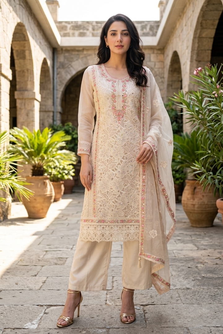 Beige Bloom Embellished Organza Silk Pant Set