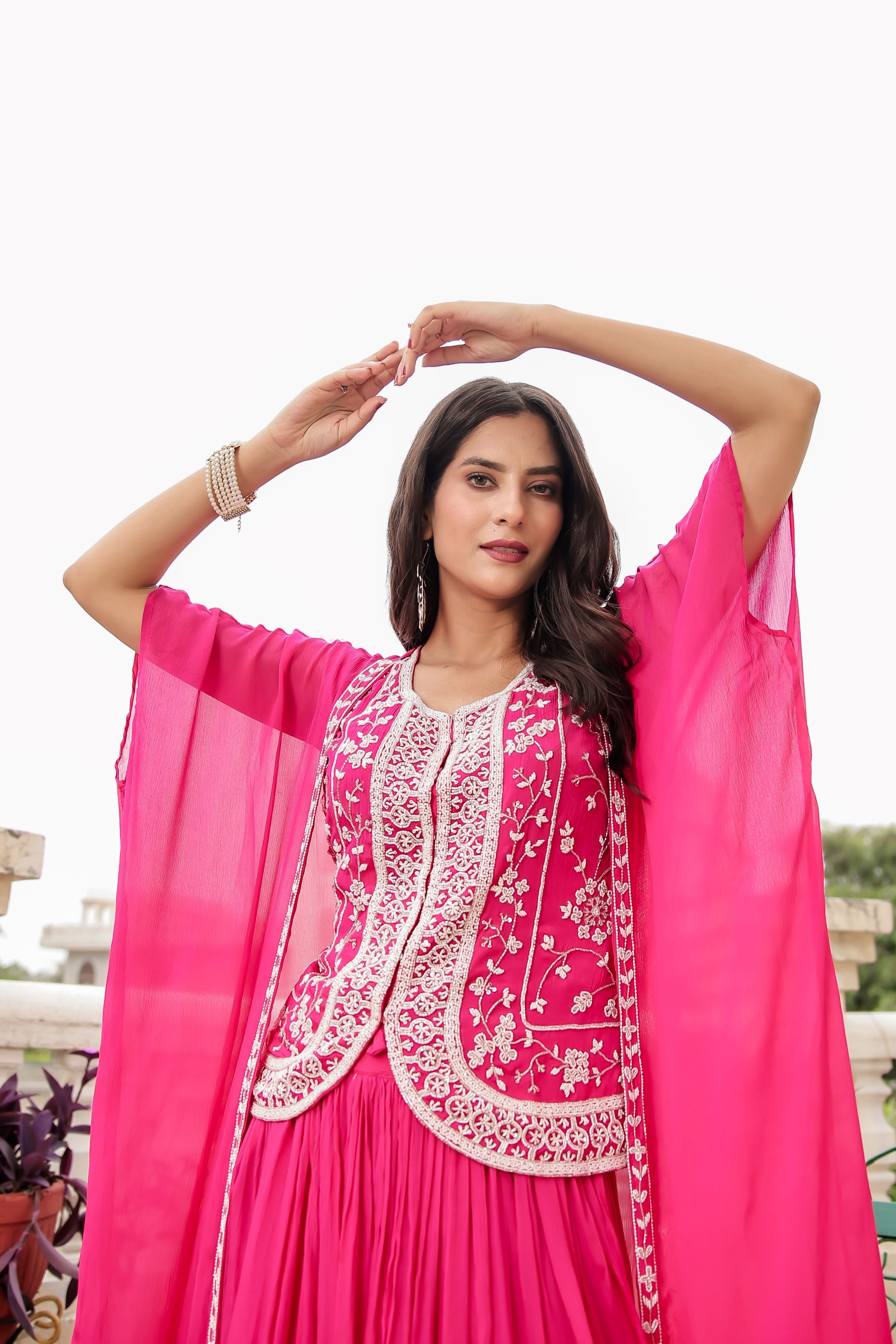 Pink Embellished Chinon Silk Cape Set