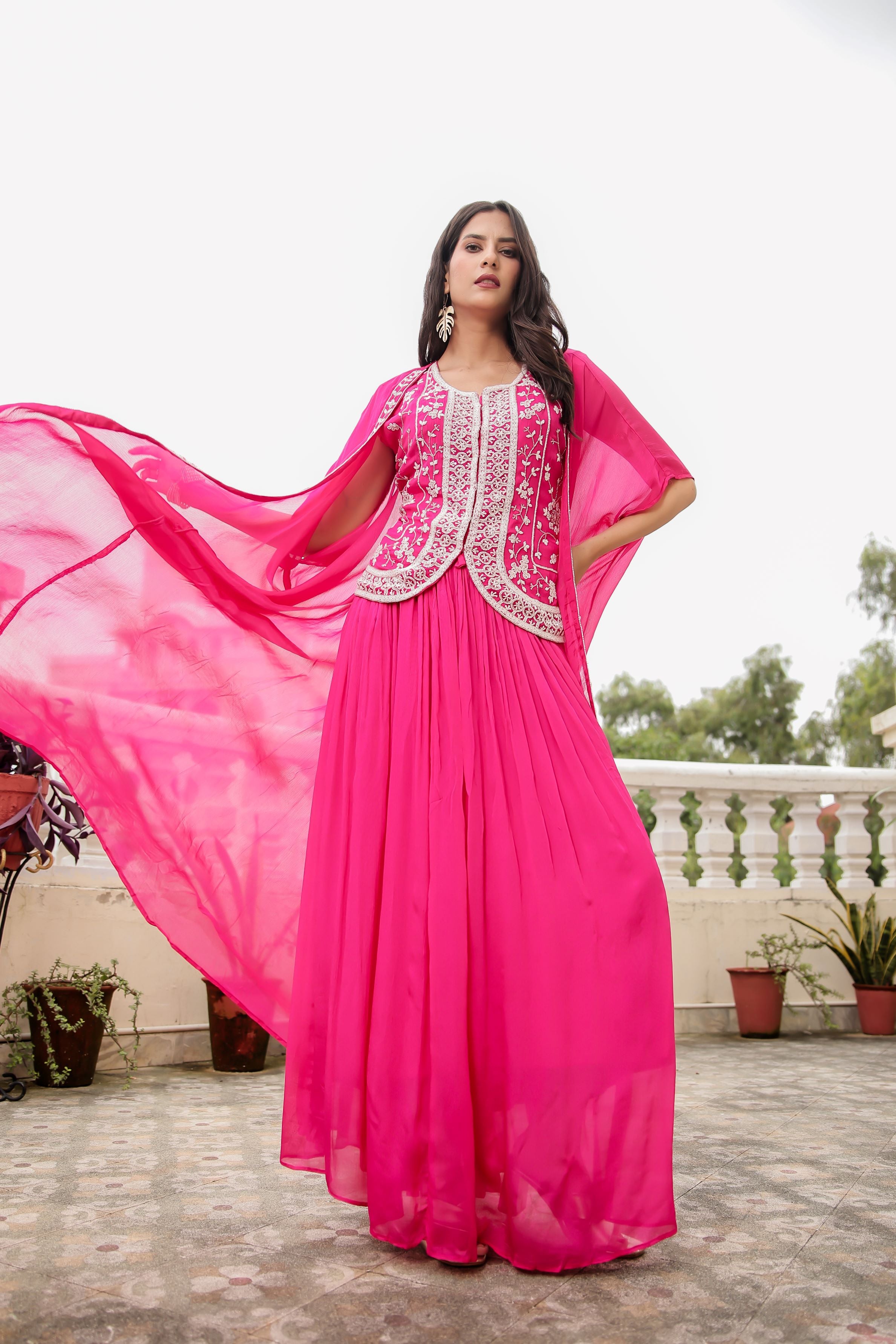 Pink Embellished Chinon Silk Cape Set