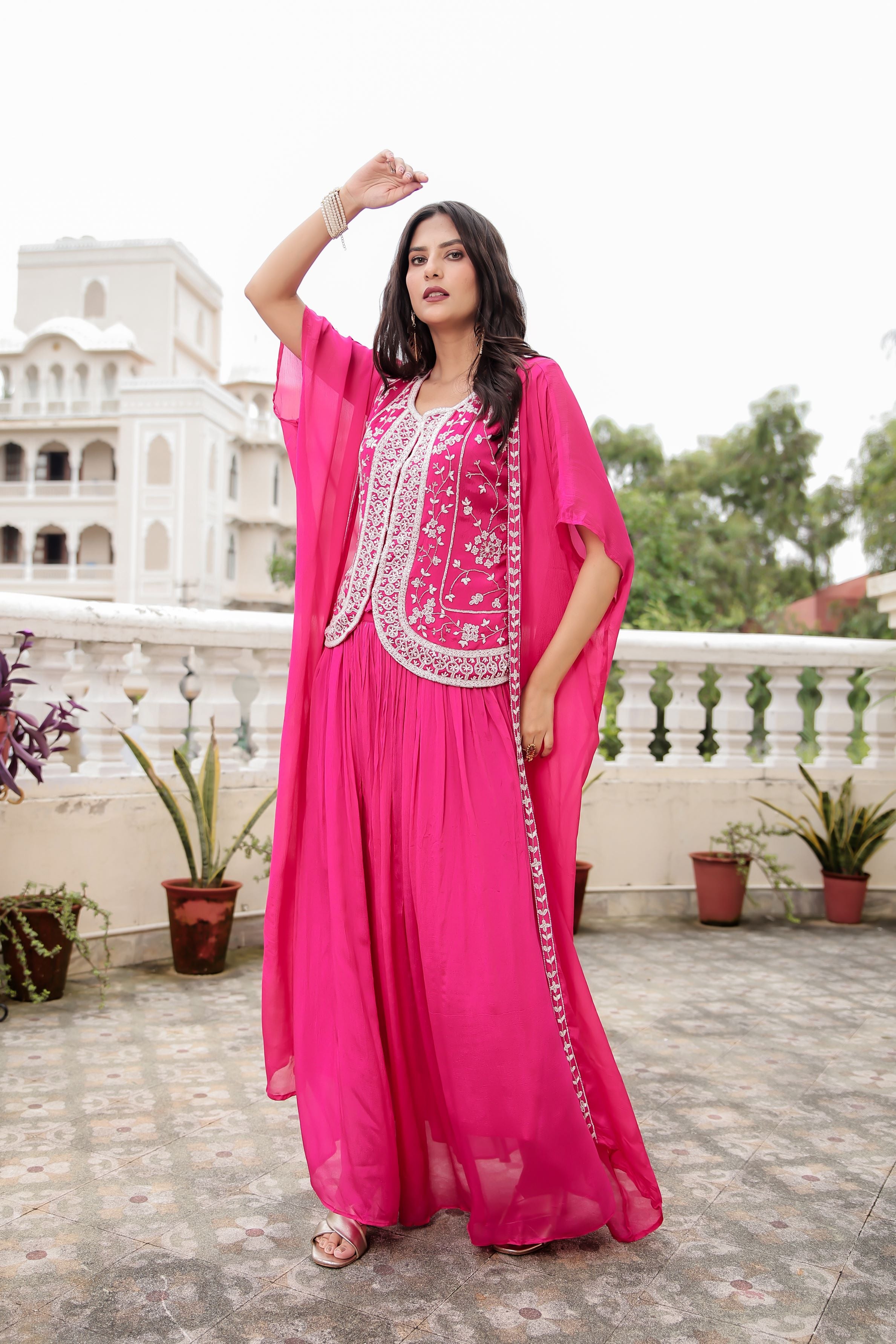 Pink Embellished Chinon Silk Cape Set