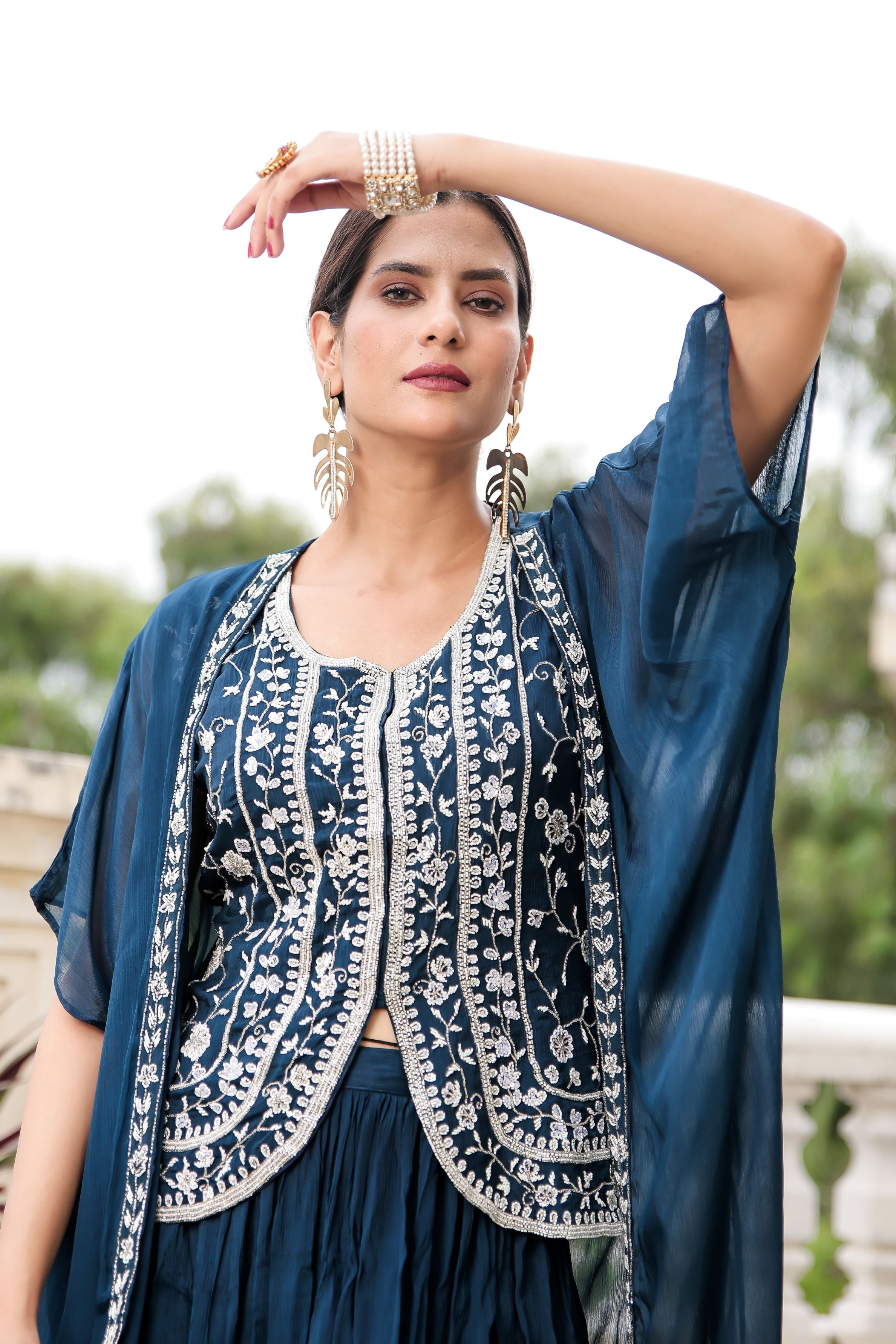 Deep Blue Embellished Chinon Silk Cape Set