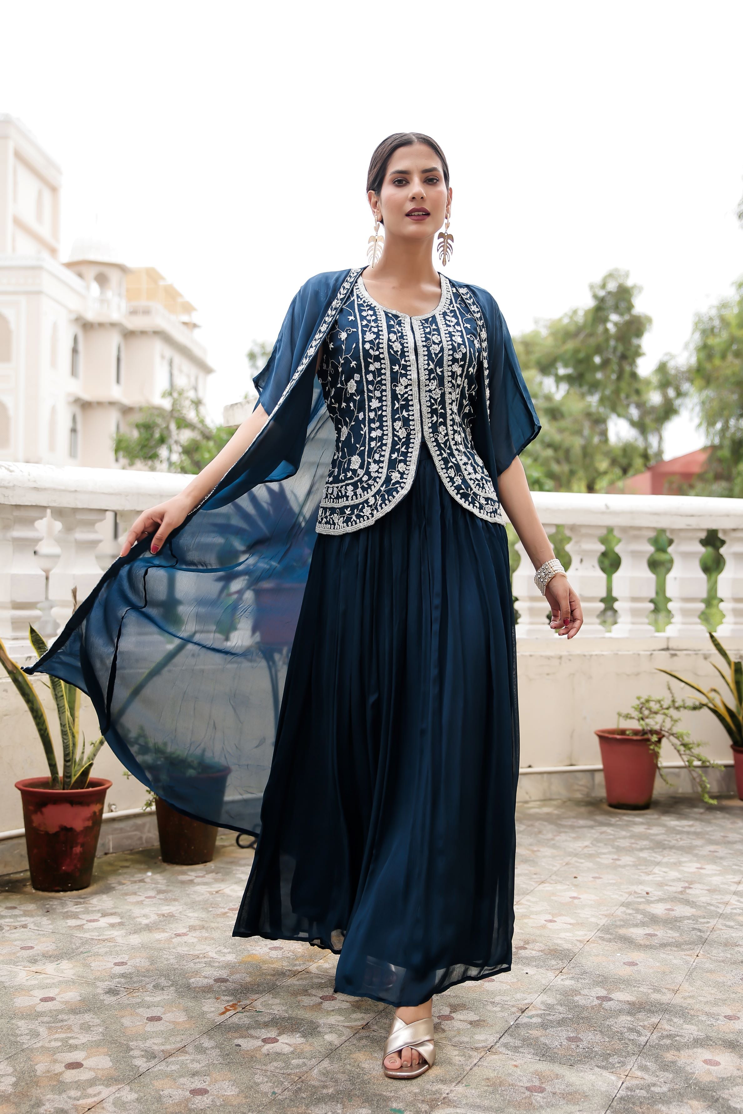 Deep Blue Embellished Chinon Silk Cape Set