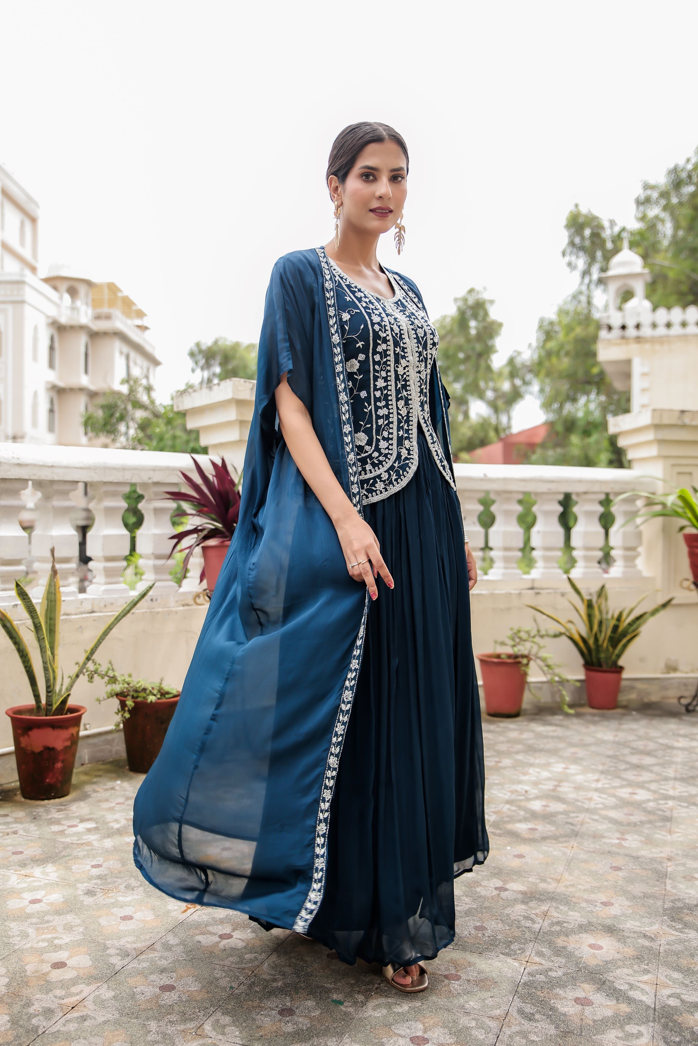 Deep Blue Embellished Chinon Silk Cape Set