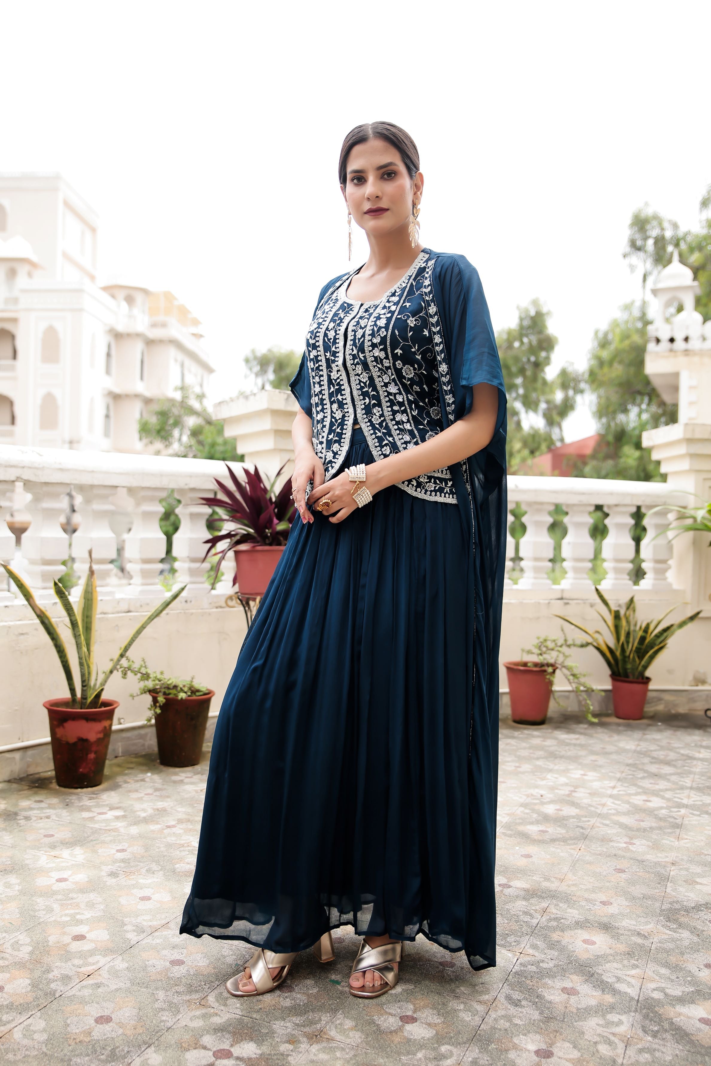 Deep Blue Embellished Chinon Silk Cape Set