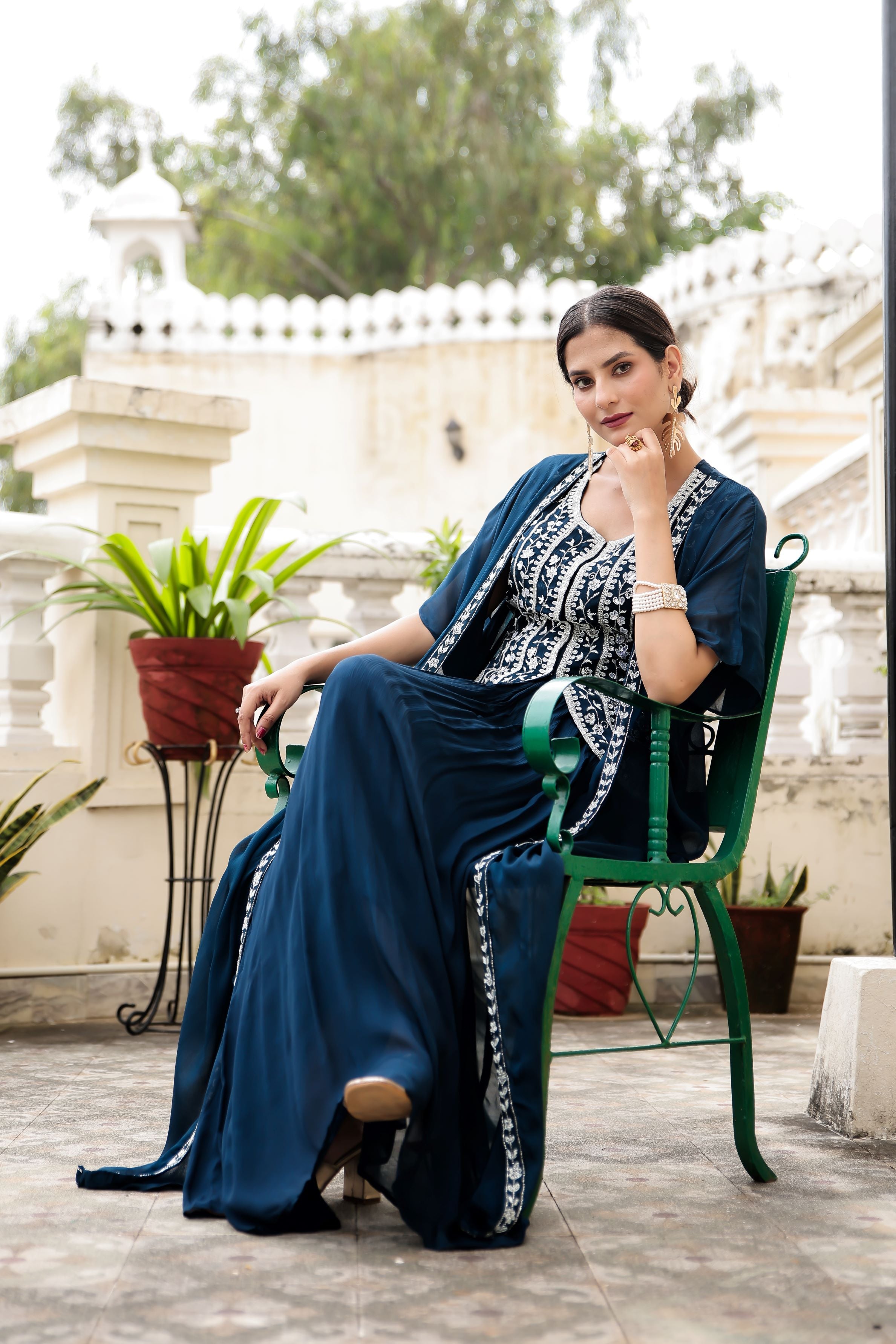 Deep Blue Embellished Chinon Silk Cape Set