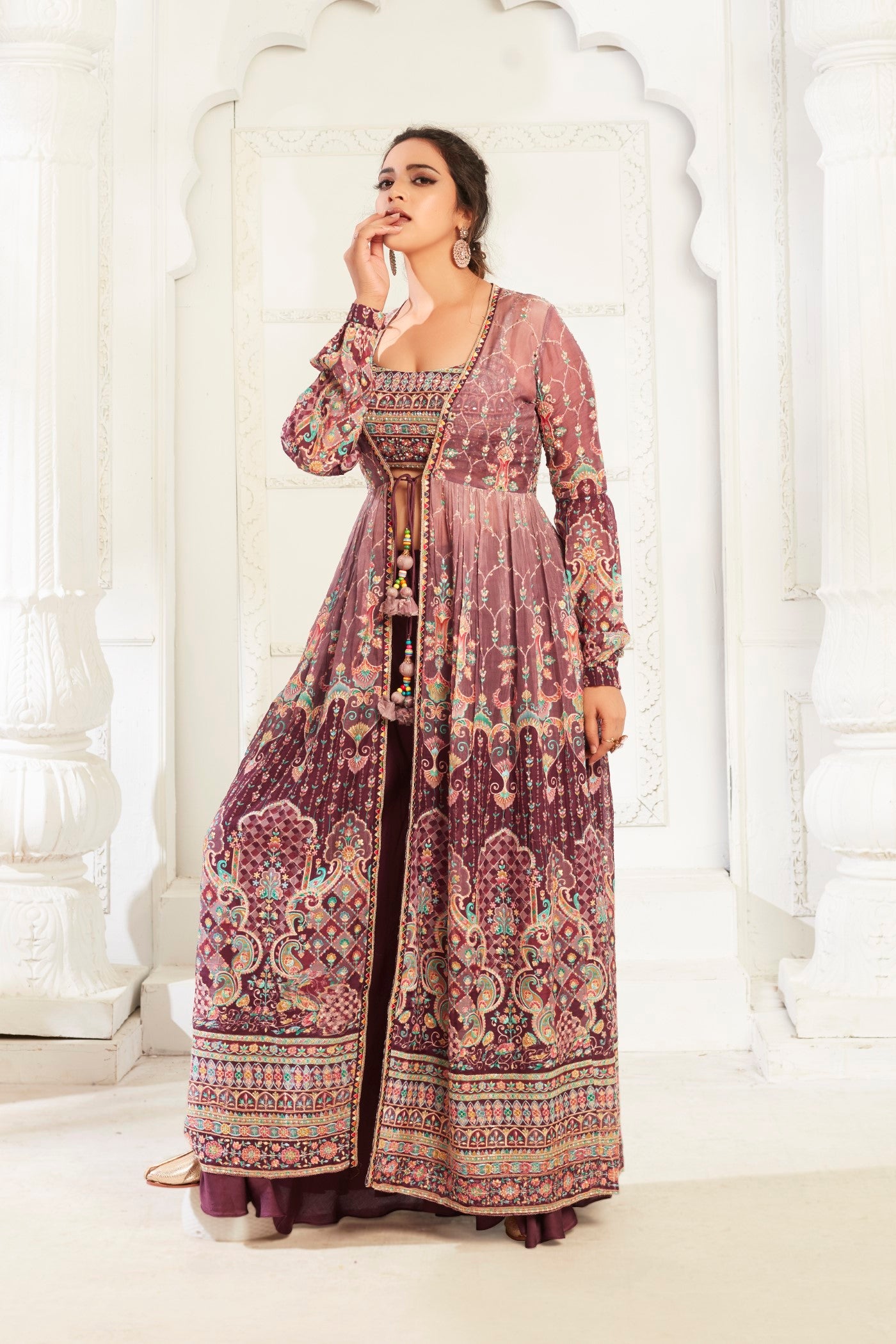 Wine Traditional Printed Crystal Georgette Cape Set.