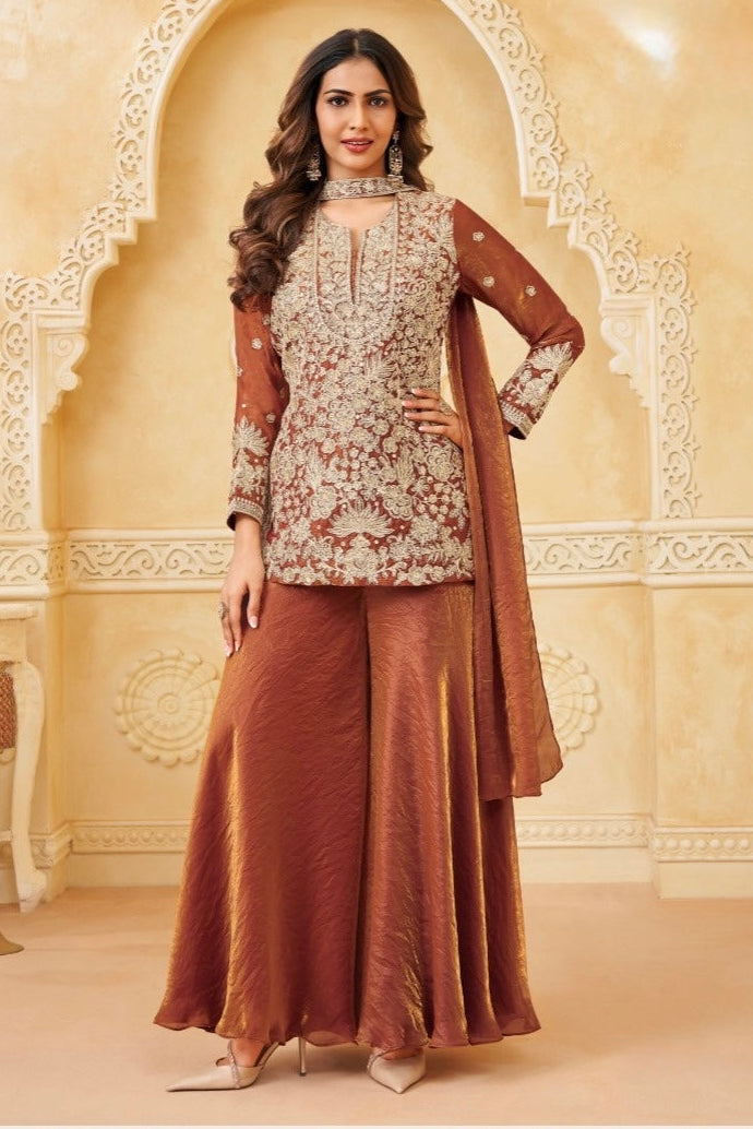 Cinnamon Brown Embellished Tissue Silk Palazzo Set