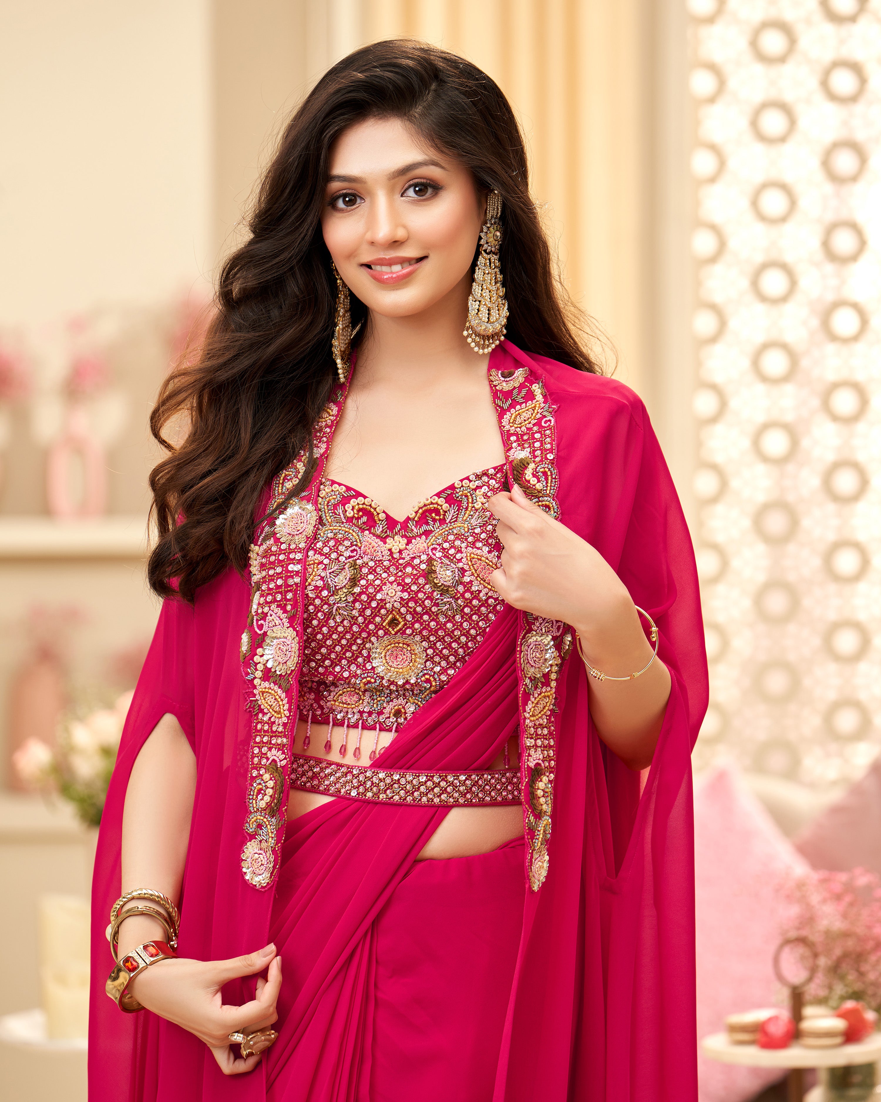 Rich magenta Drape Cape Saree