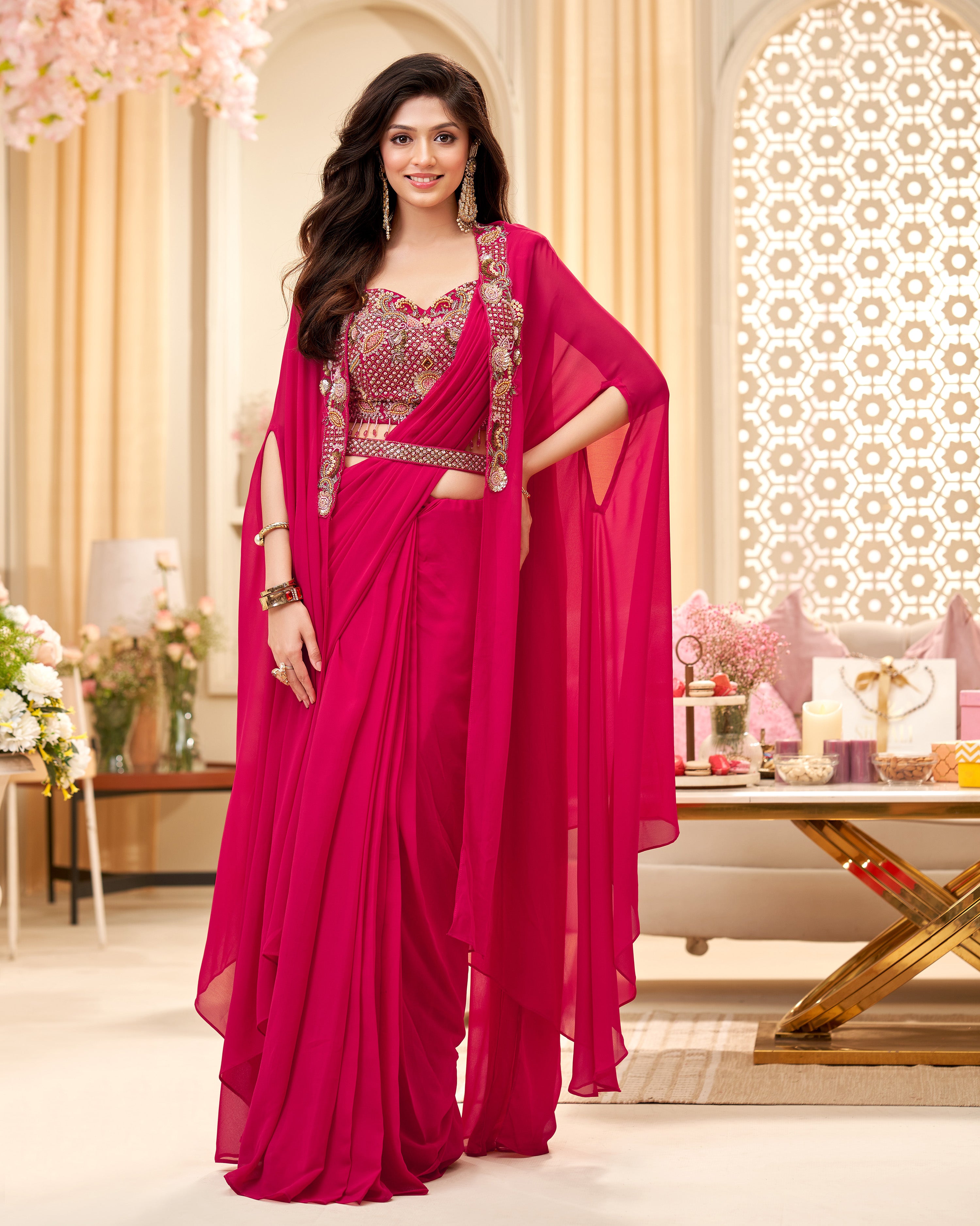 Rich magenta Drape Cape Saree
