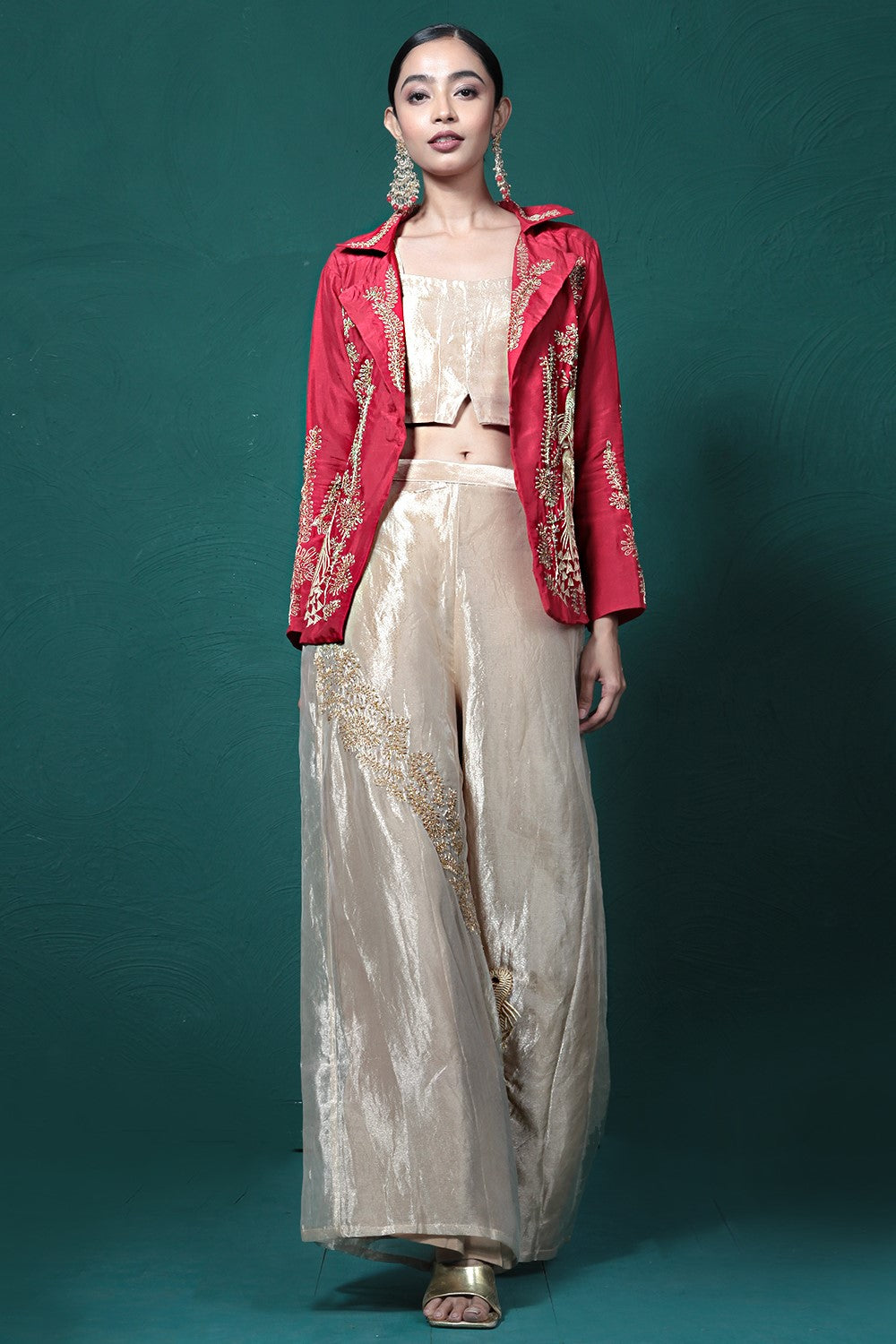 Crimson Red Embroidered Jacket & Palazzo Set