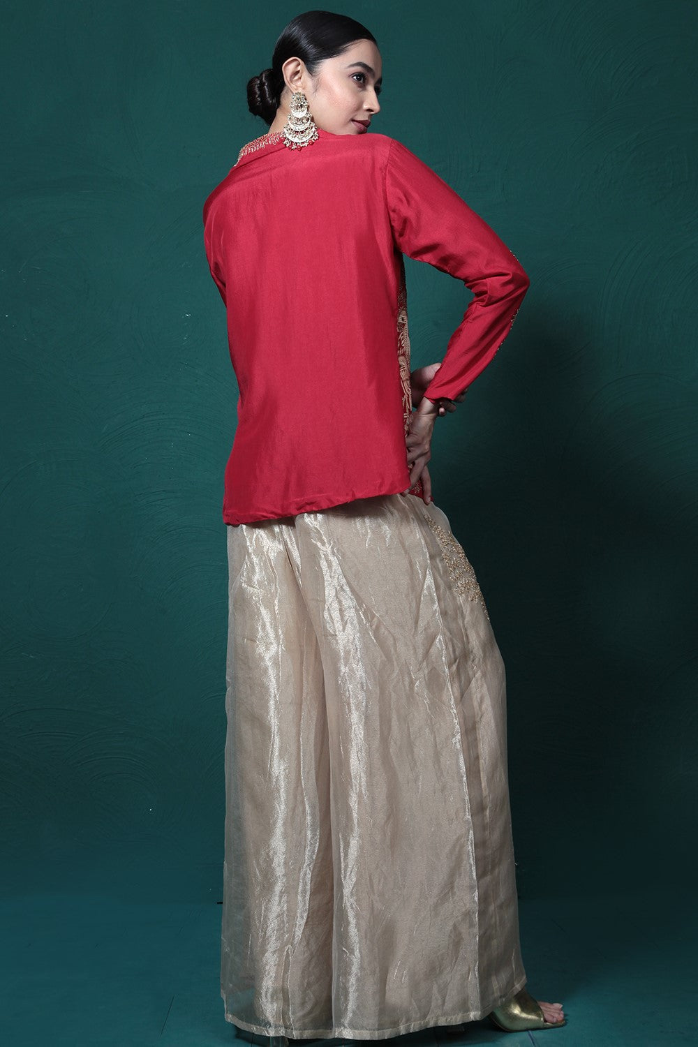 Crimson Red Embroidered Jacket & Palazzo Set