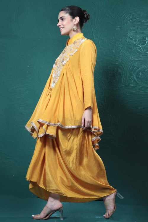 Yellow Embroidered Chinon Silk Tunic & Skirt Set