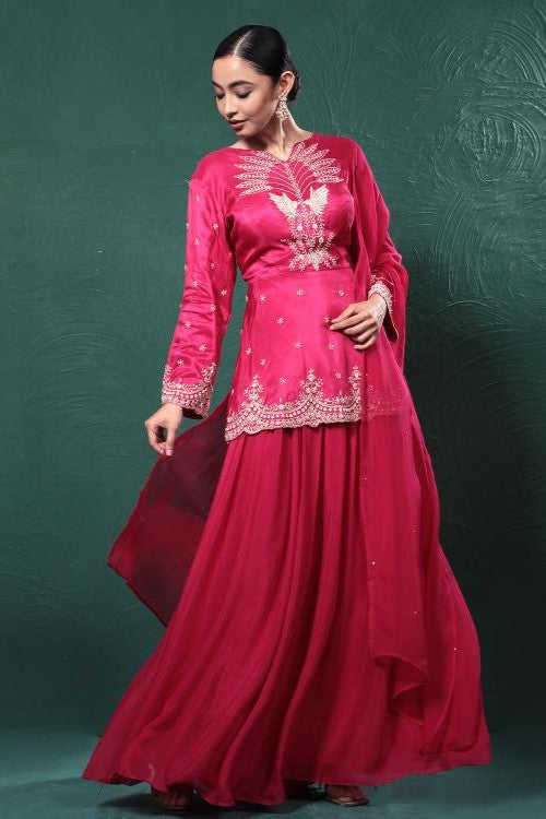 Fuchsia Pink Embroidered Peplum Kurta Skirt Set
