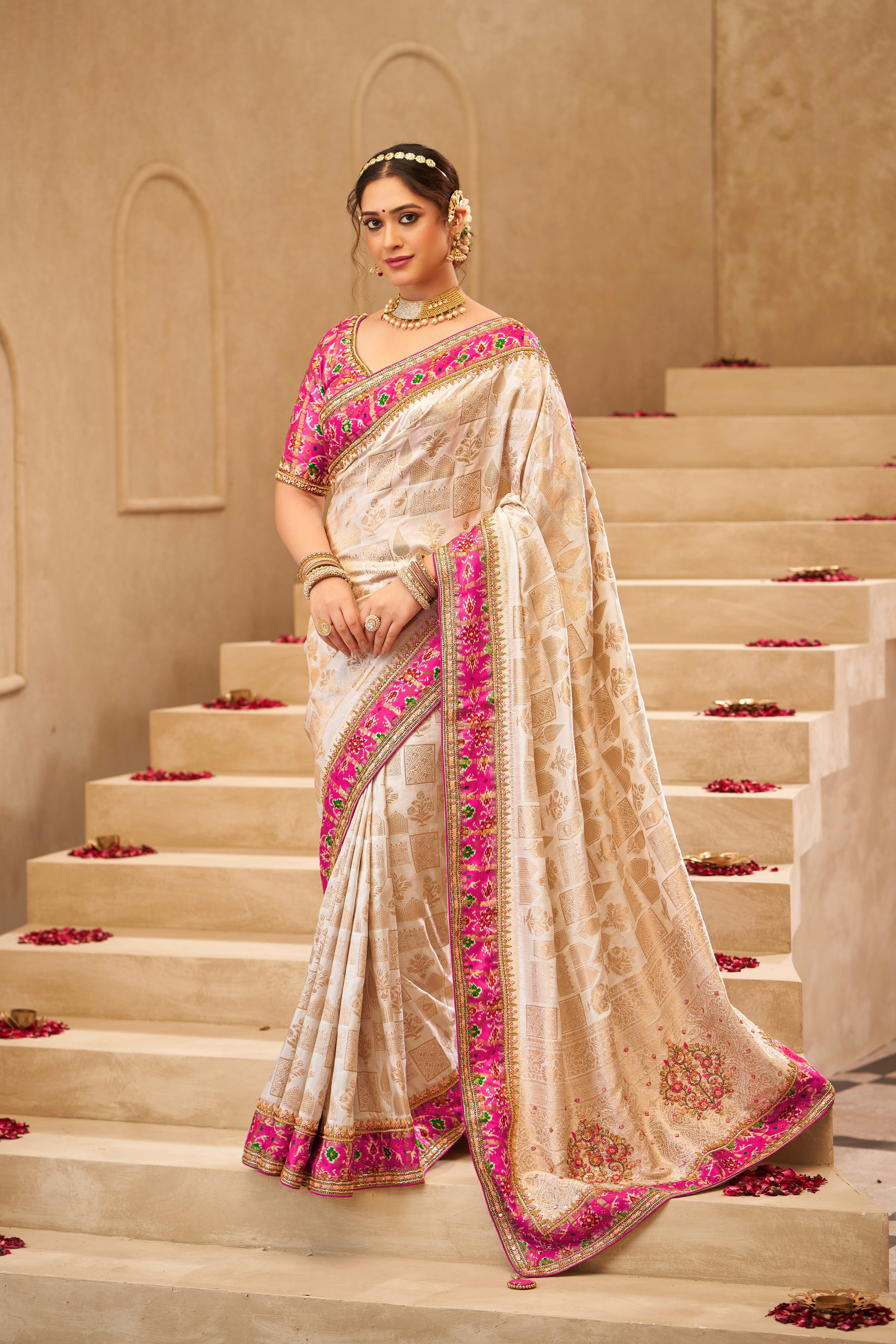 Ivory Satin Silk Saree with Magenta Embroidered Border