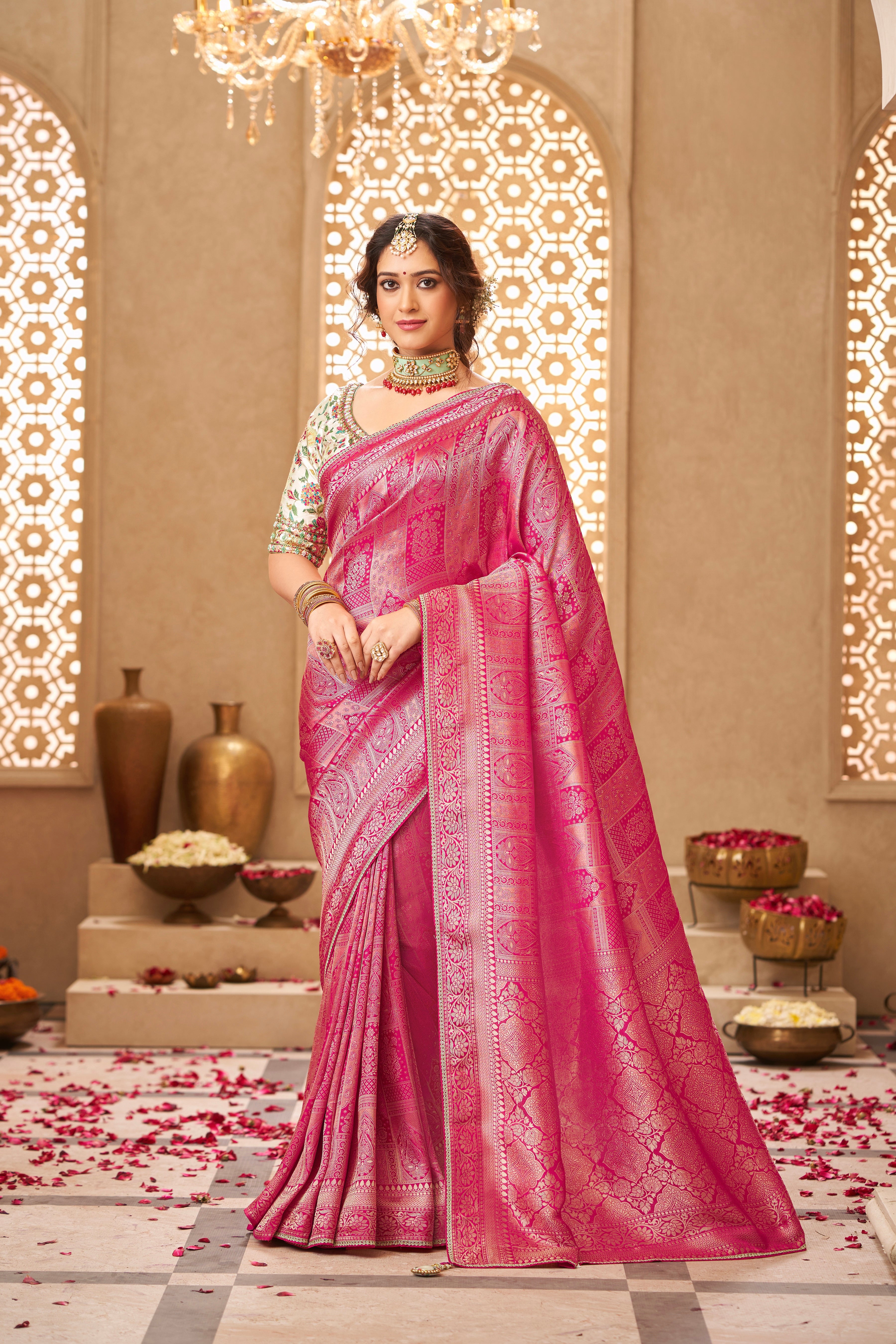 Rani Pink Printed Satin Silk Saree with Banarasi-Inspired Design
