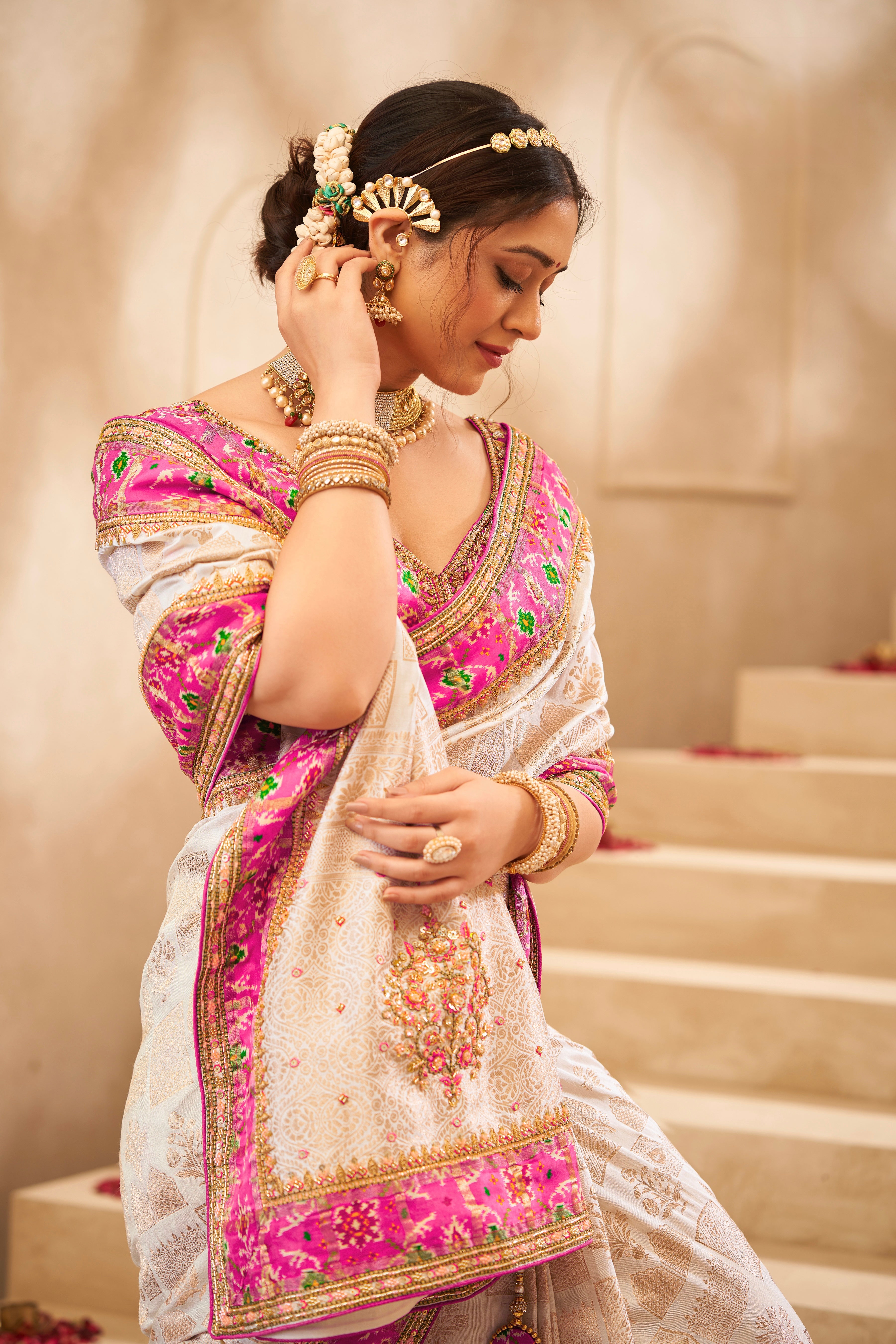 Ivory Satin Silk Saree with Magenta Embroidered Border