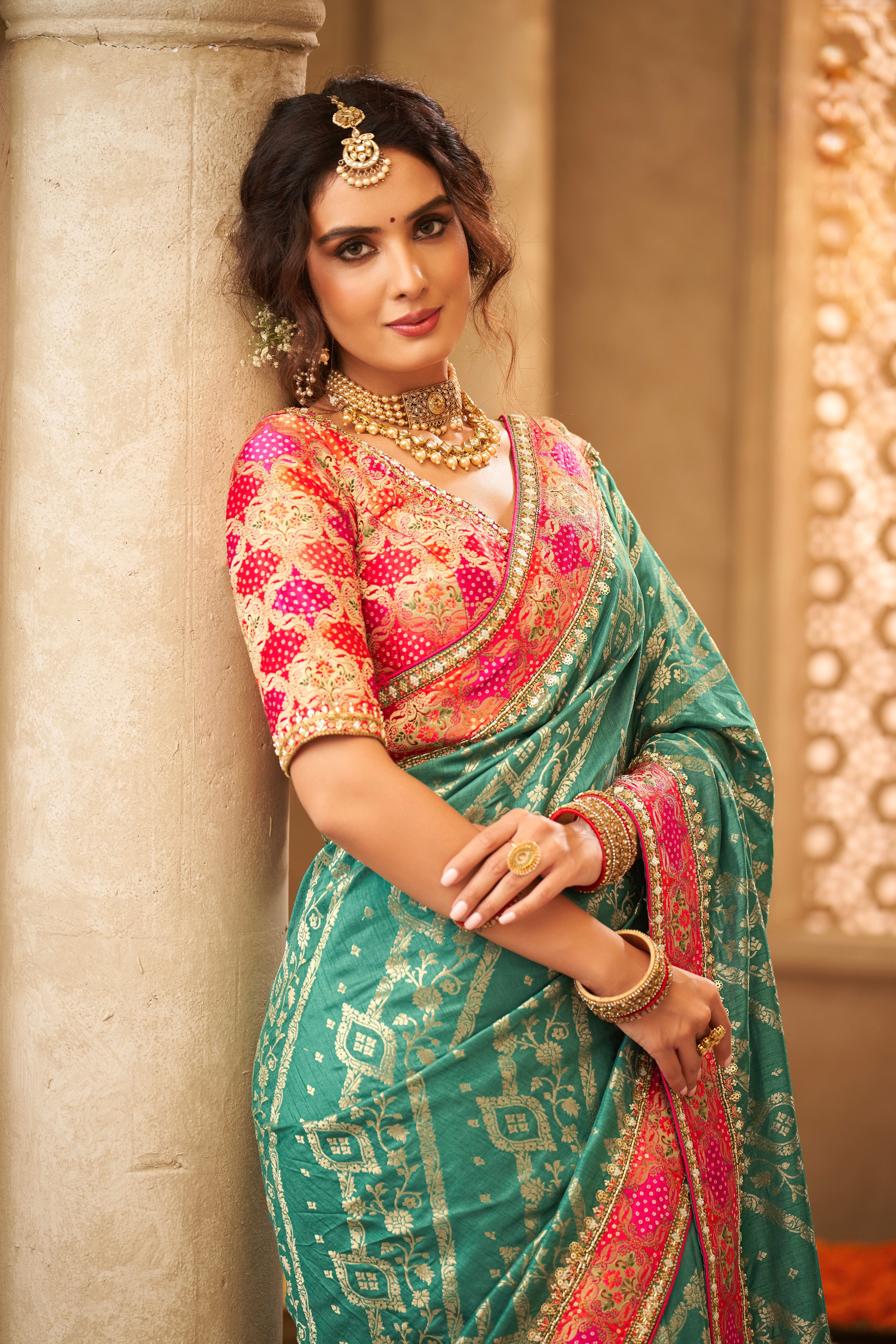 Teal Green Designer Dola Silk Saree