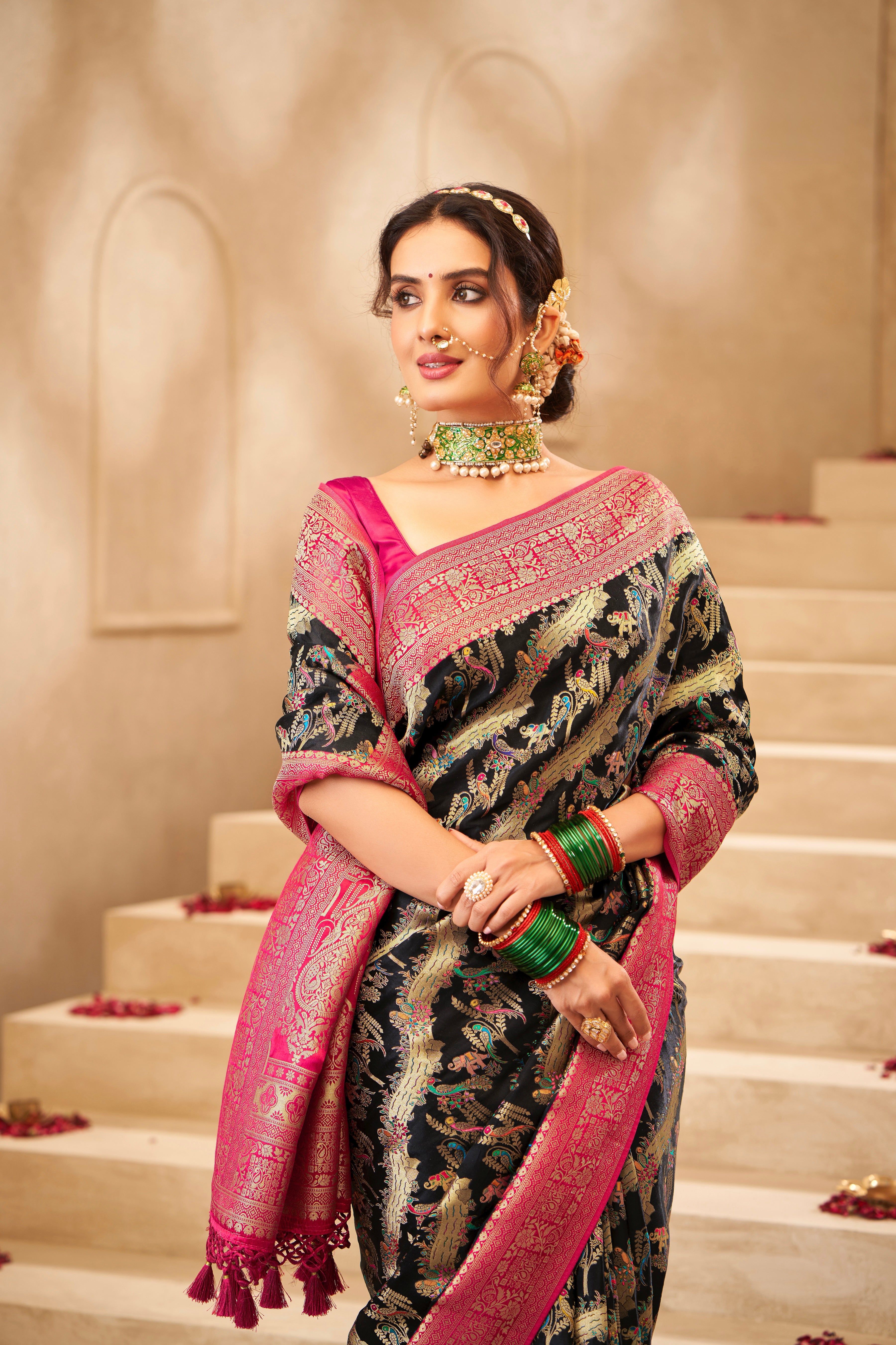 Black Traditional Satin Silk Saree