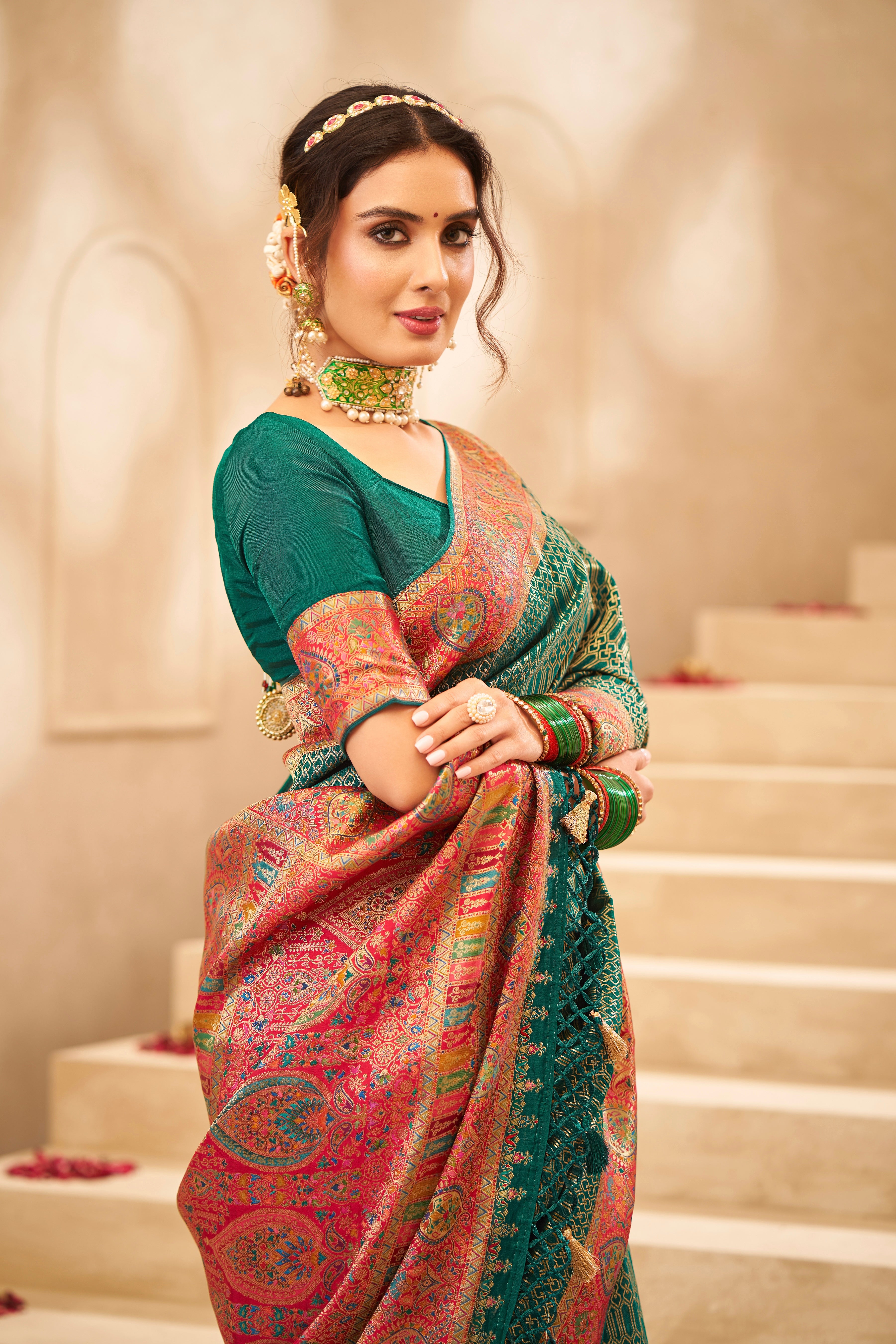 Traditional Border Cut Tussar Rangkaat Silk Saree