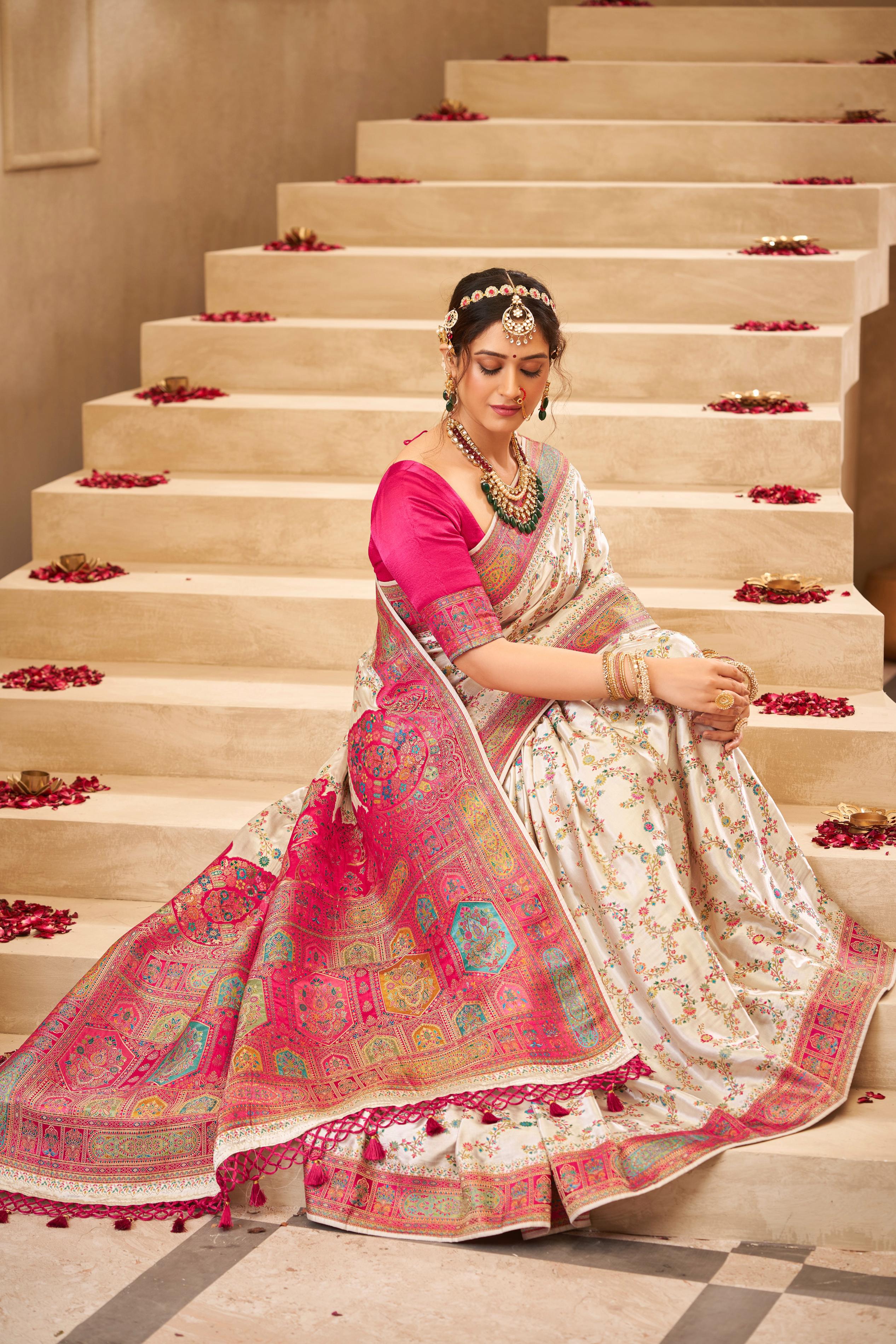 Cream With Handwork Dola Silk Saree