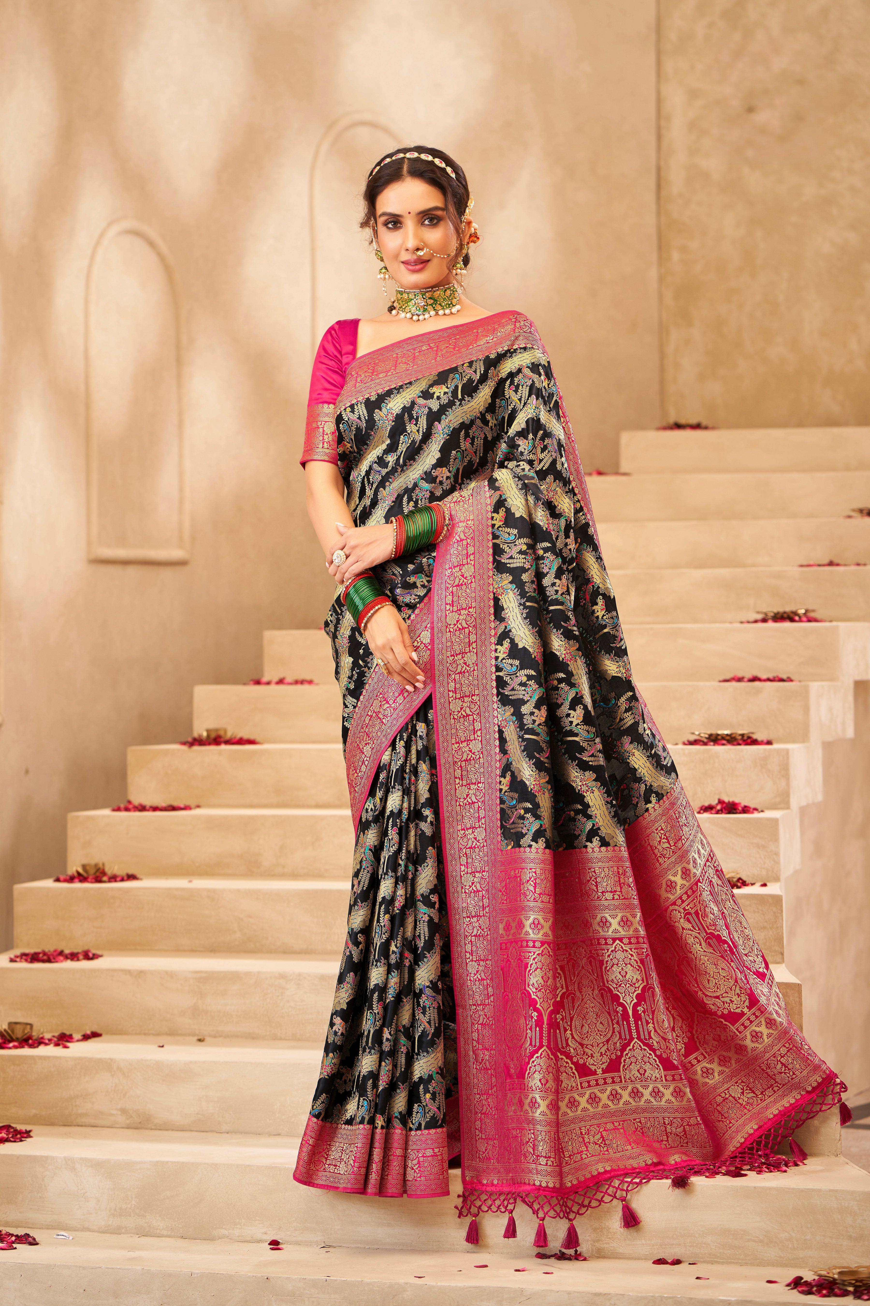 Black Traditional Satin Silk Saree