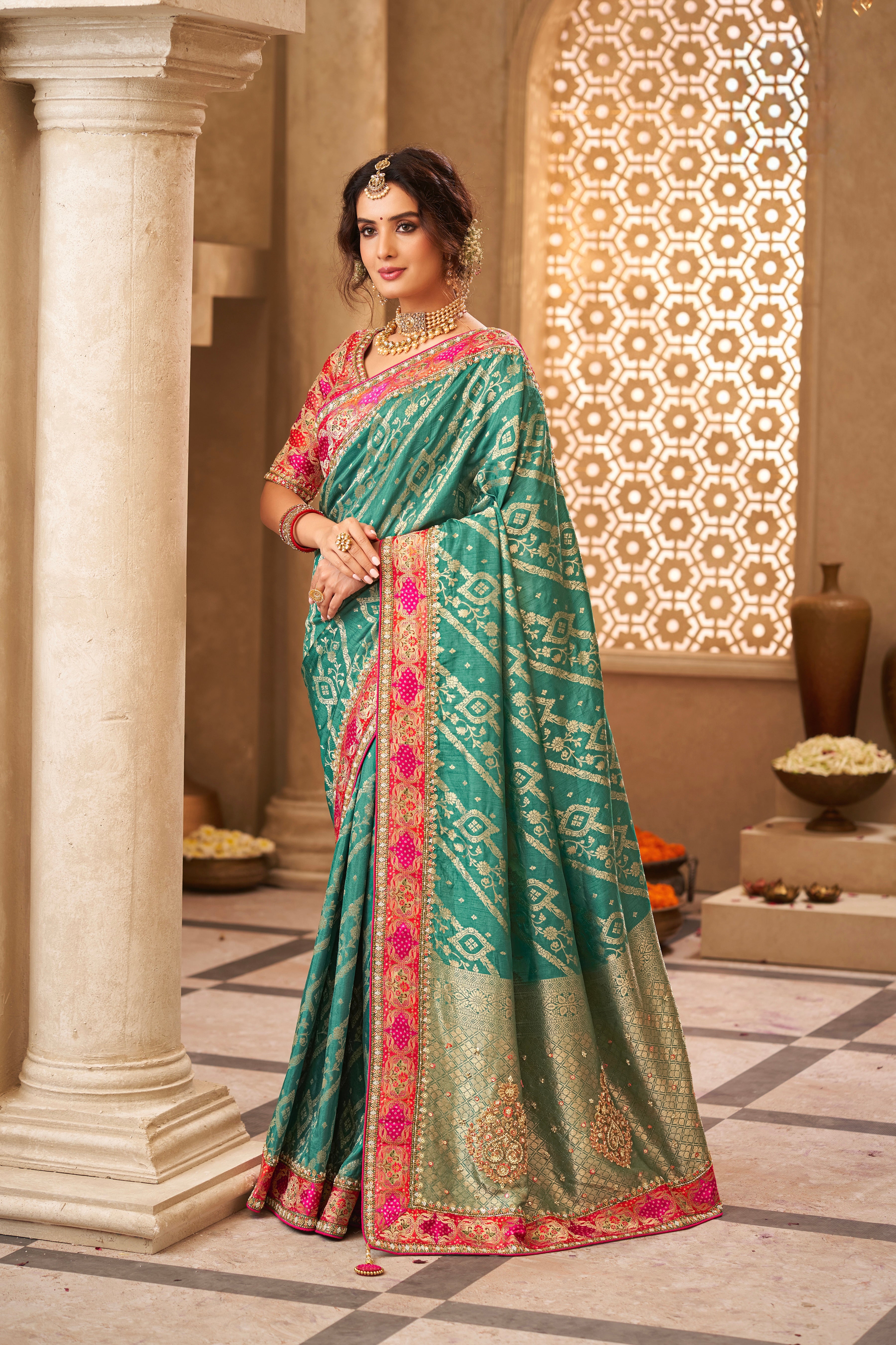 Teal Green Designer Dola Silk Saree