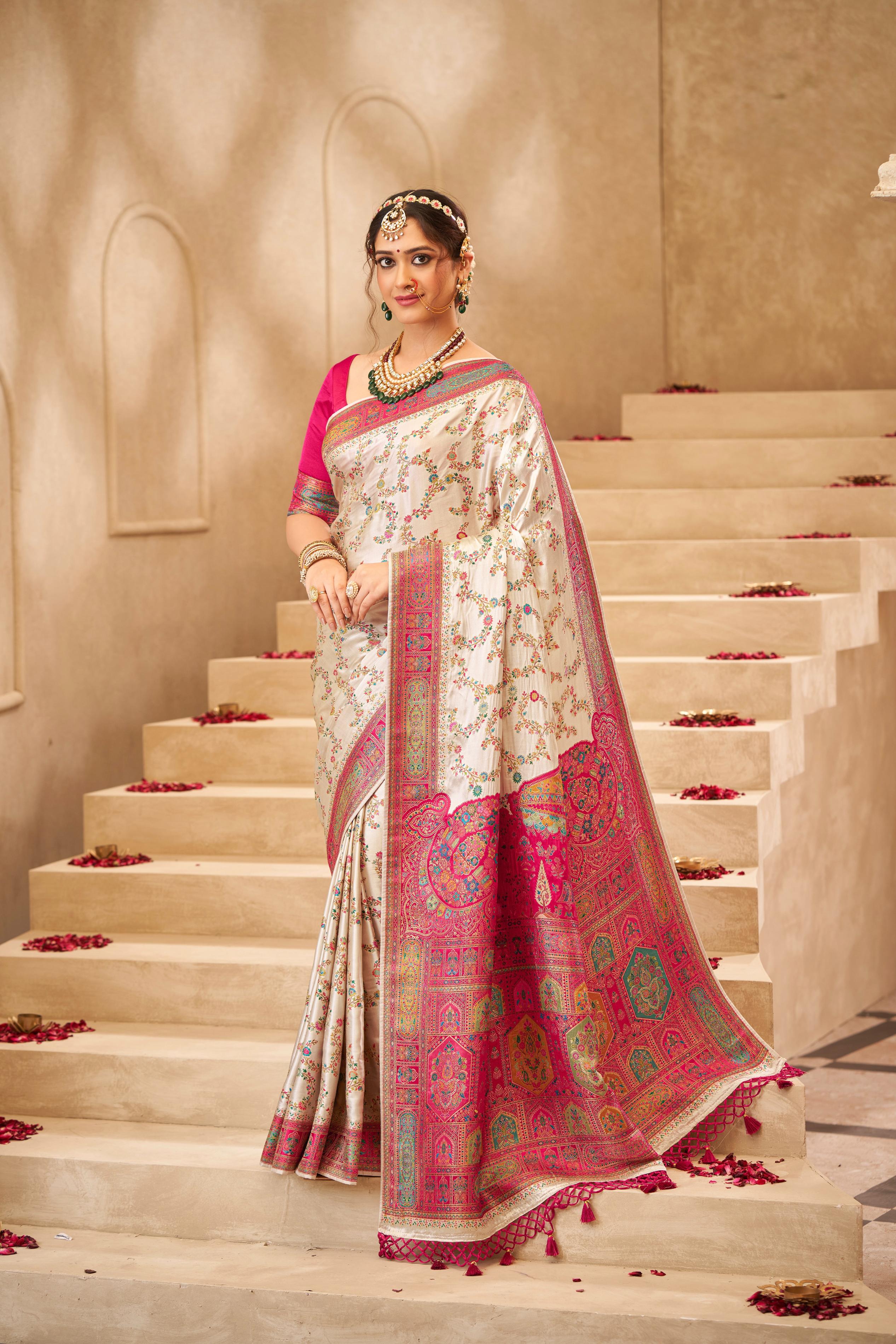 Cream With Handwork Dola Silk Saree