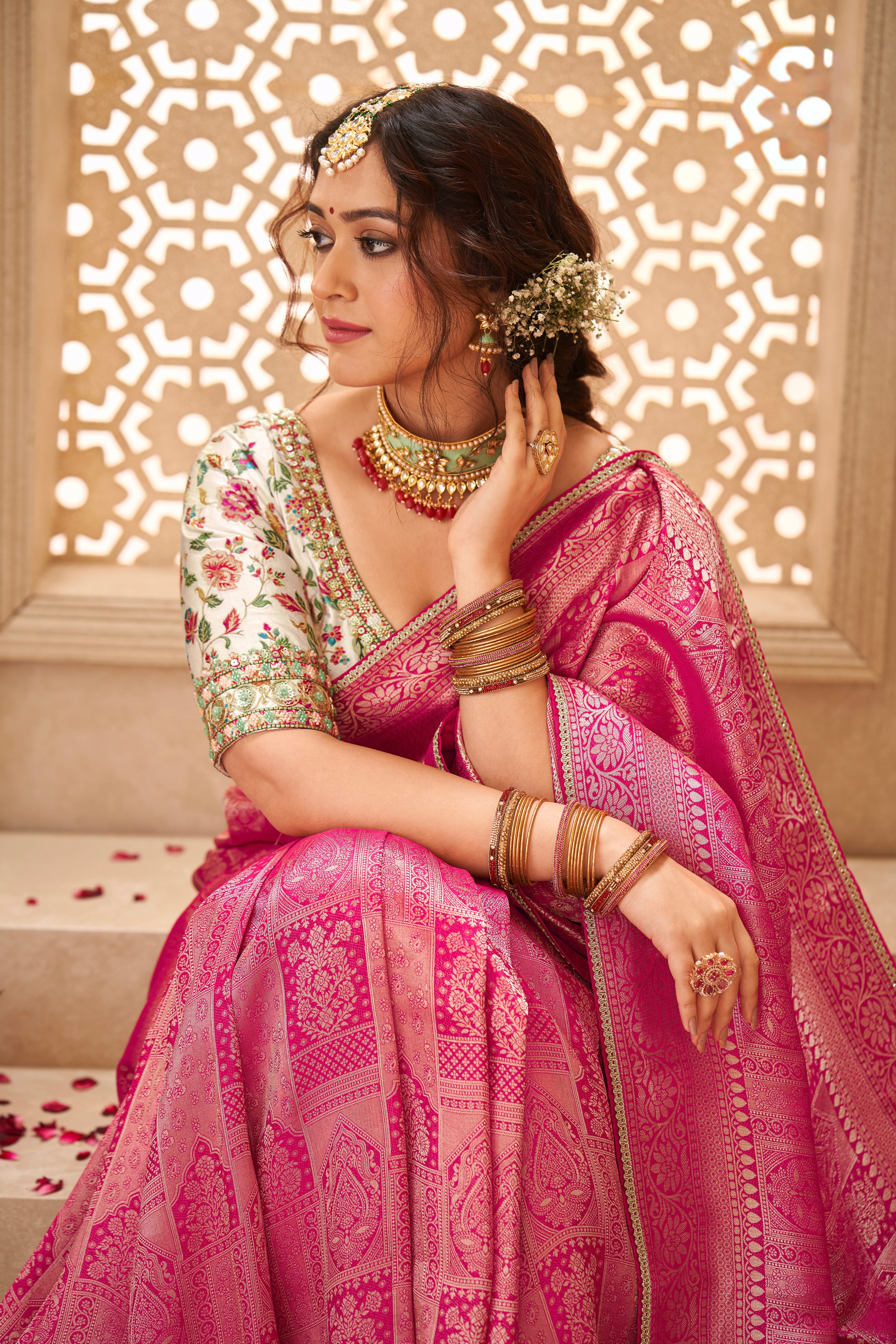 Rani Pink Printed Satin Silk Saree with Banarasi-Inspired Design