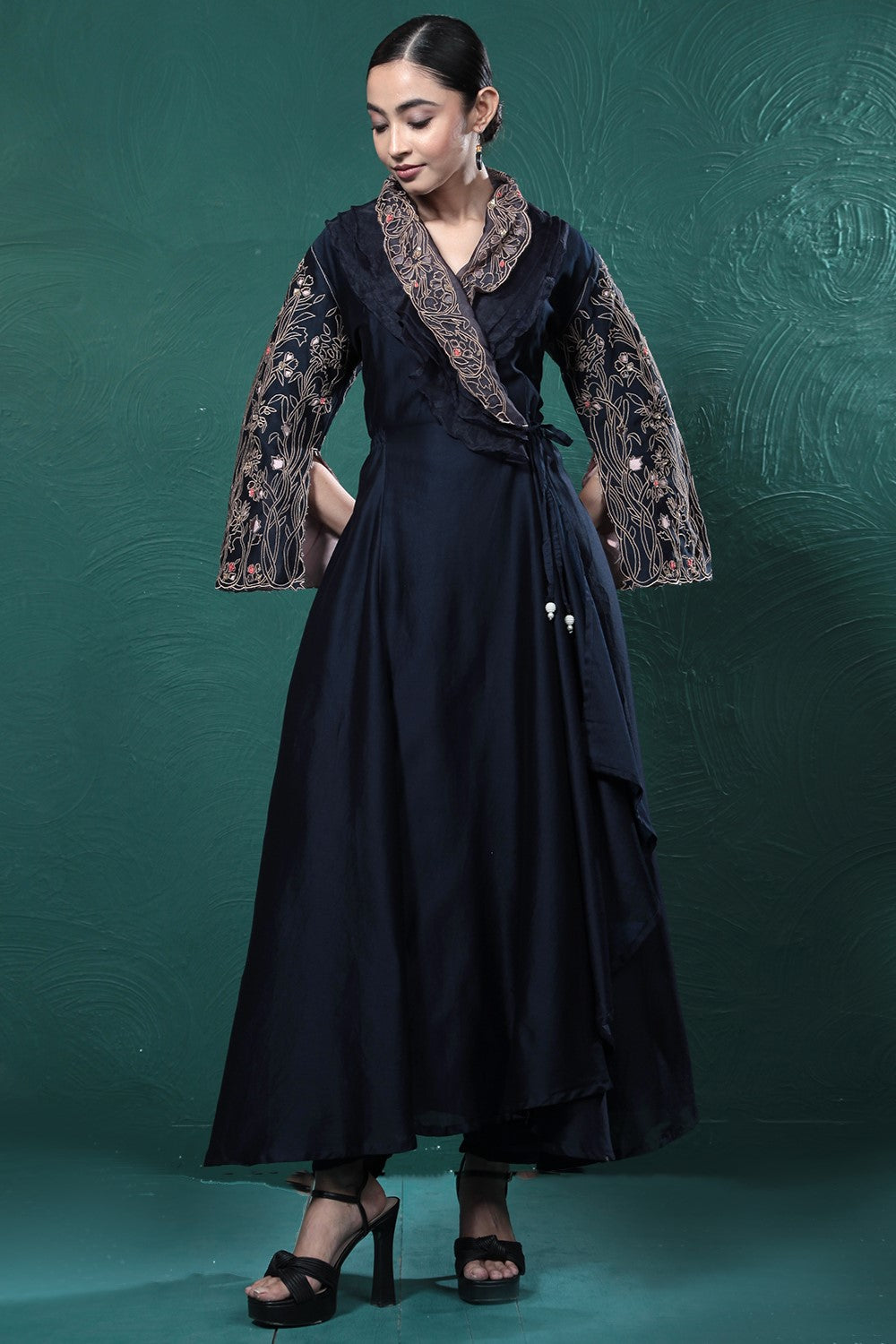 Midnight Blue Embroidered Wrap Dress