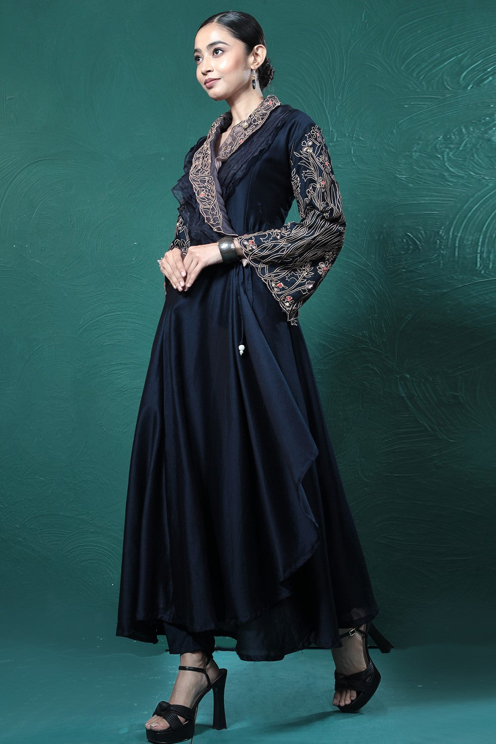 Midnight Blue Embroidered Wrap Dress