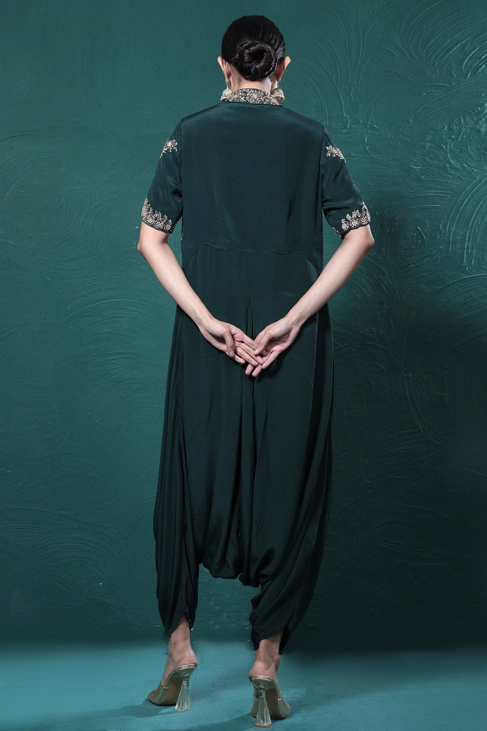 Deep Green Embroidered Crepe Silk Jumpsuit