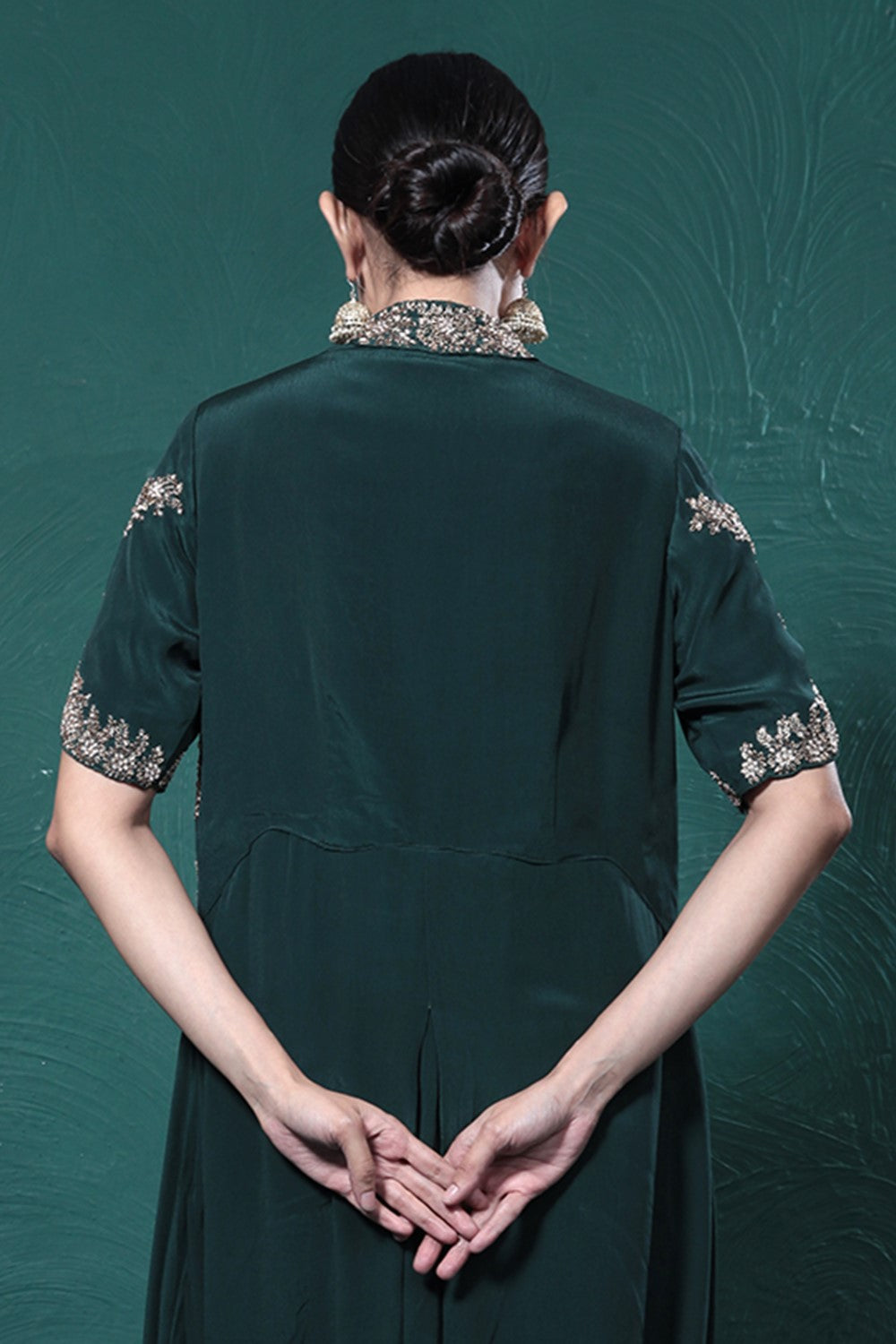 Deep Green Embroidered Crepe Silk Jumpsuit