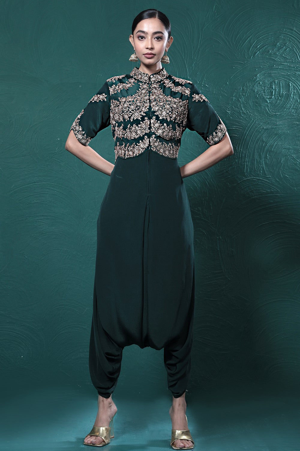 Deep Green Embroidered Crepe Silk Jumpsuit