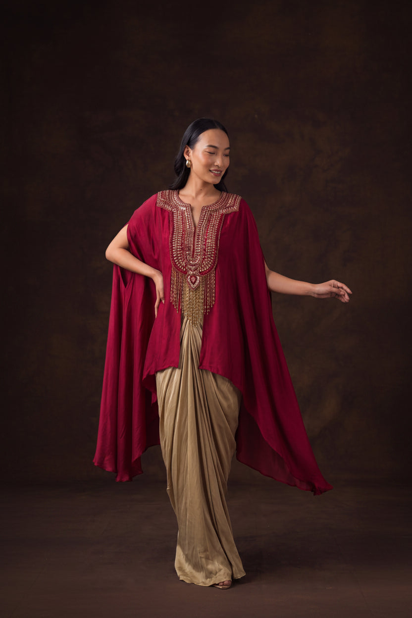 Maroon Gold Embellished Satin Silk Drape Skirt Set