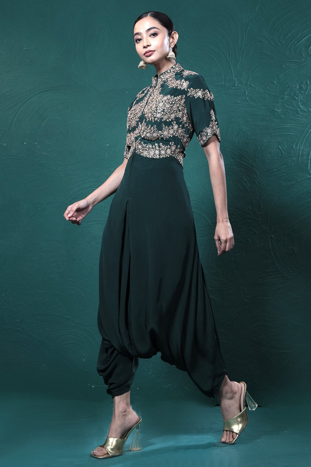 Deep Green Embroidered Crepe Silk Jumpsuit
