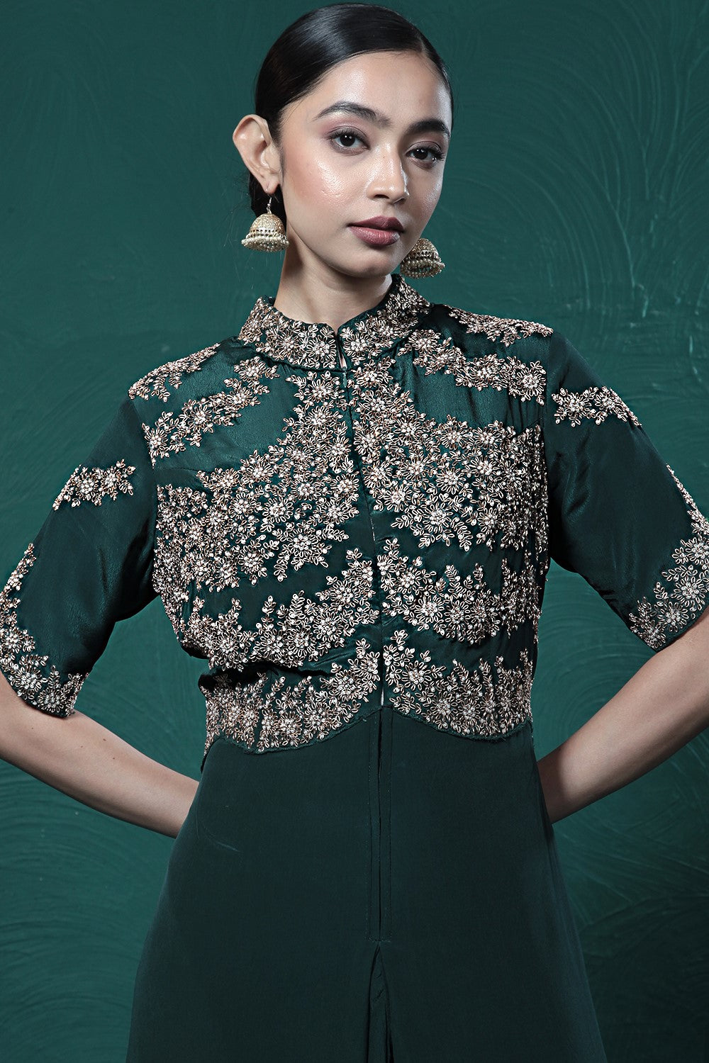 Deep Green Embroidered Crepe Silk Jumpsuit