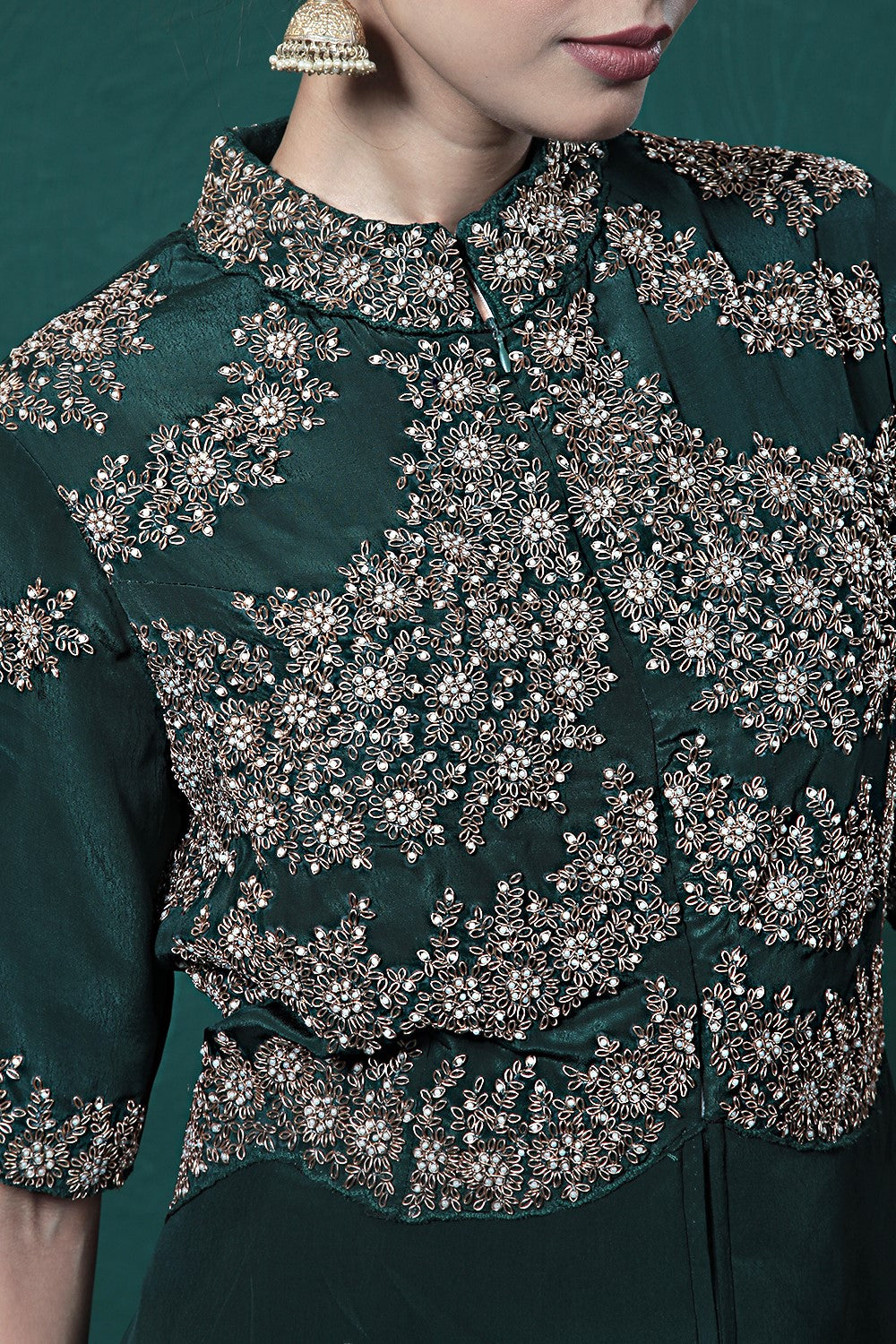 Deep Green Embroidered Crepe Silk Jumpsuit