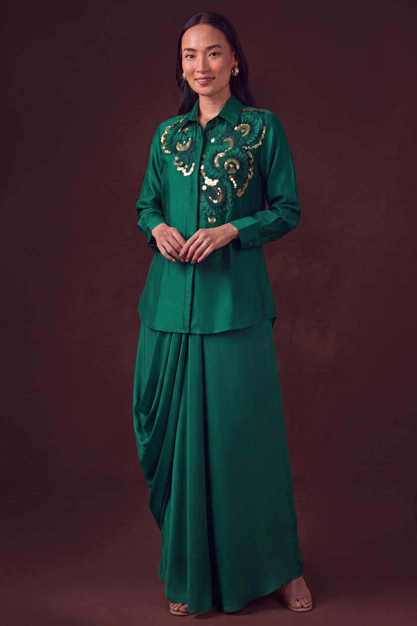 Emerald Green Embellished Satin Silk Skirt Set
