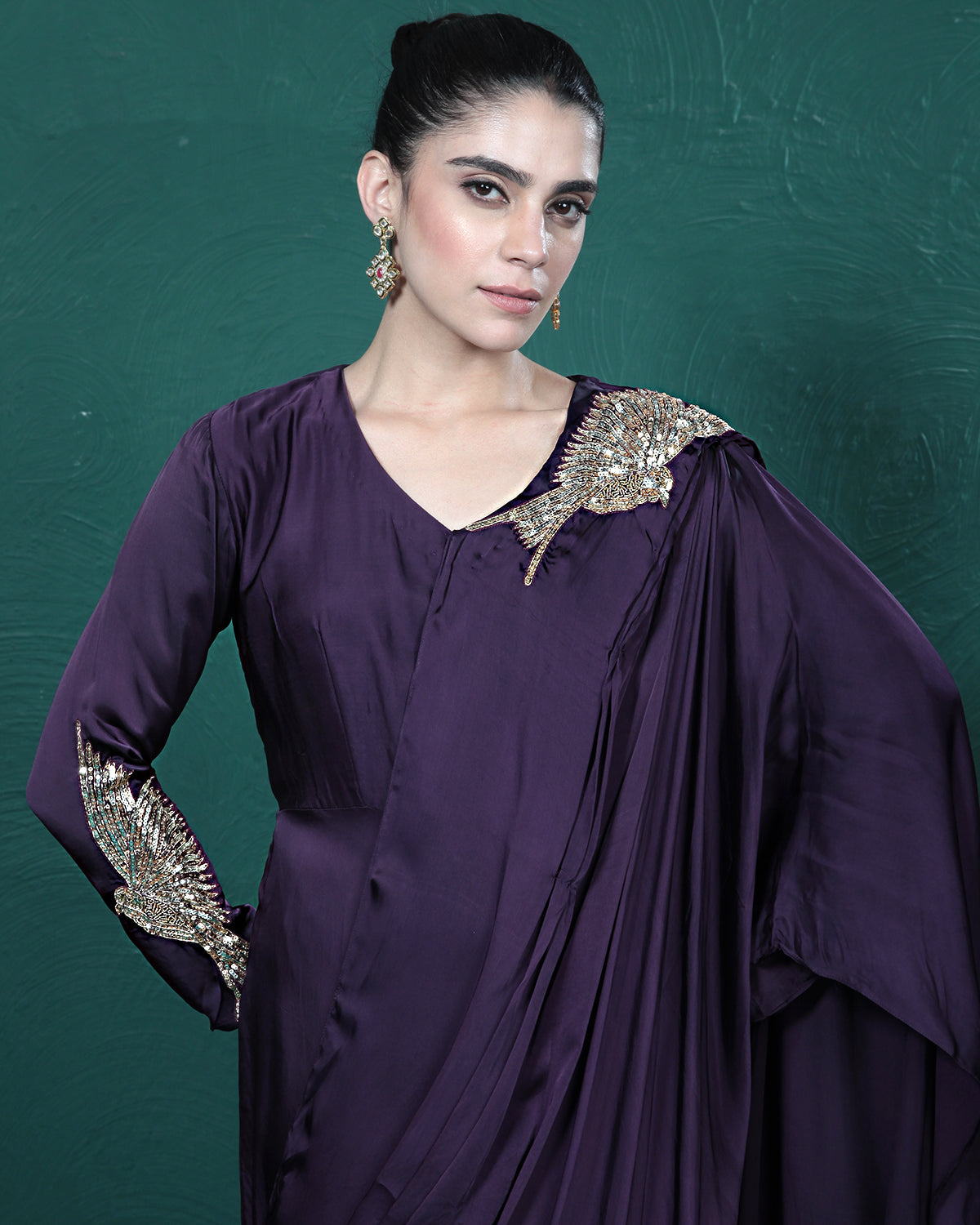 Purple Passion Golden Bird Pre-Draped Saree
