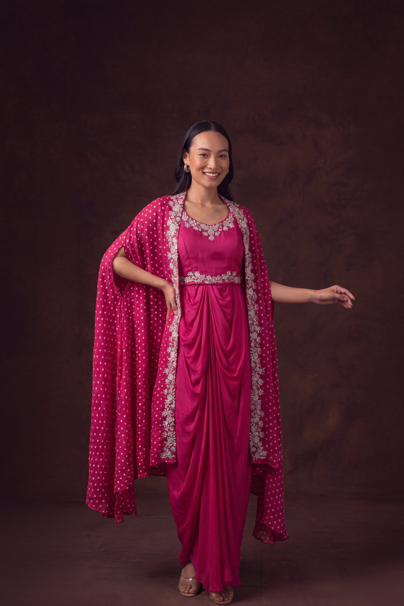 Rani Bandhej Embellished Satin Silk Cape Set