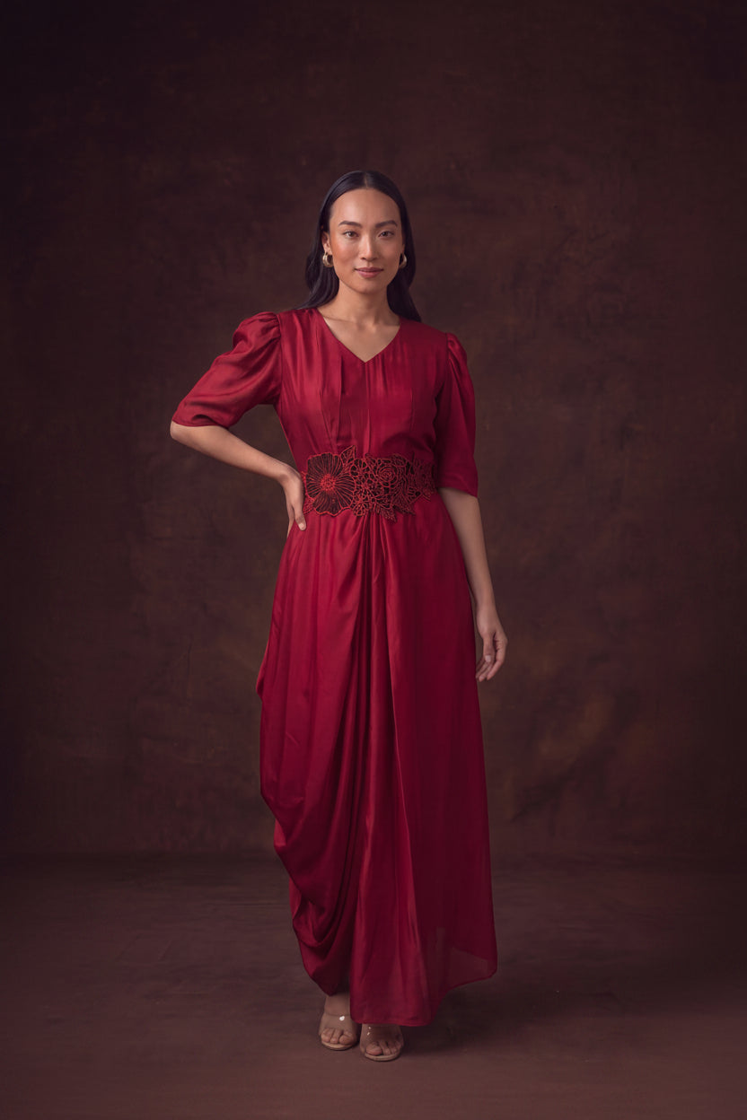 Crimson Embellished Satin Silk Dress