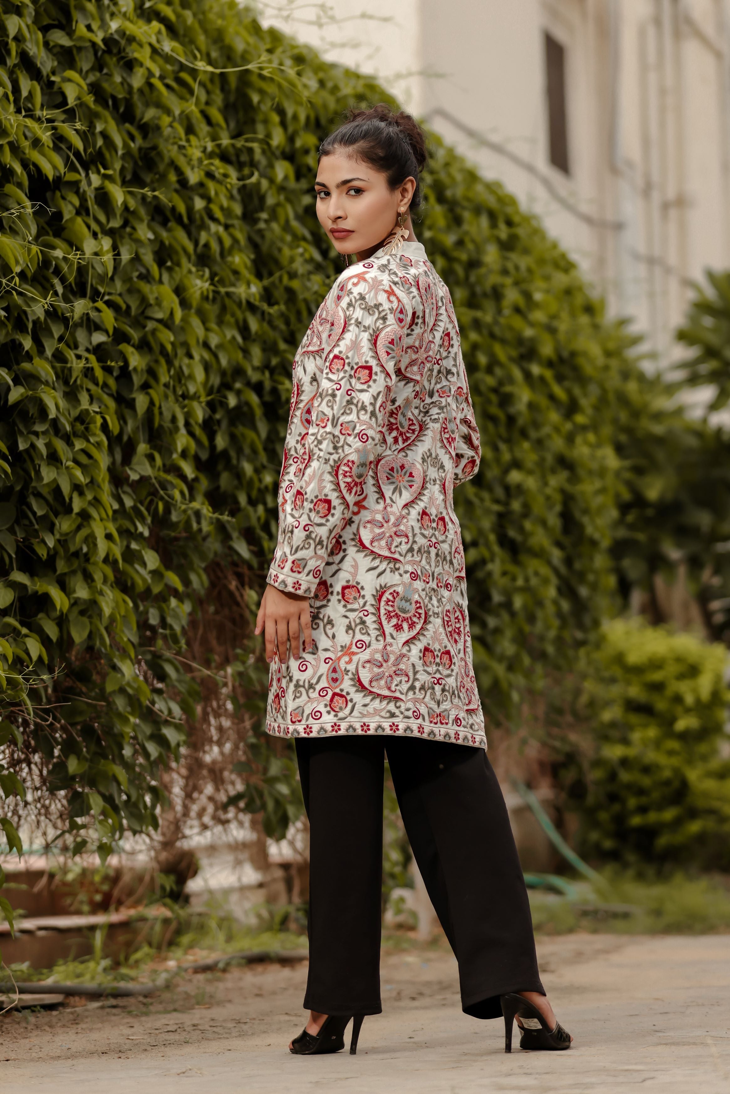 White Thread Embroidered Organic Cotton Jacket