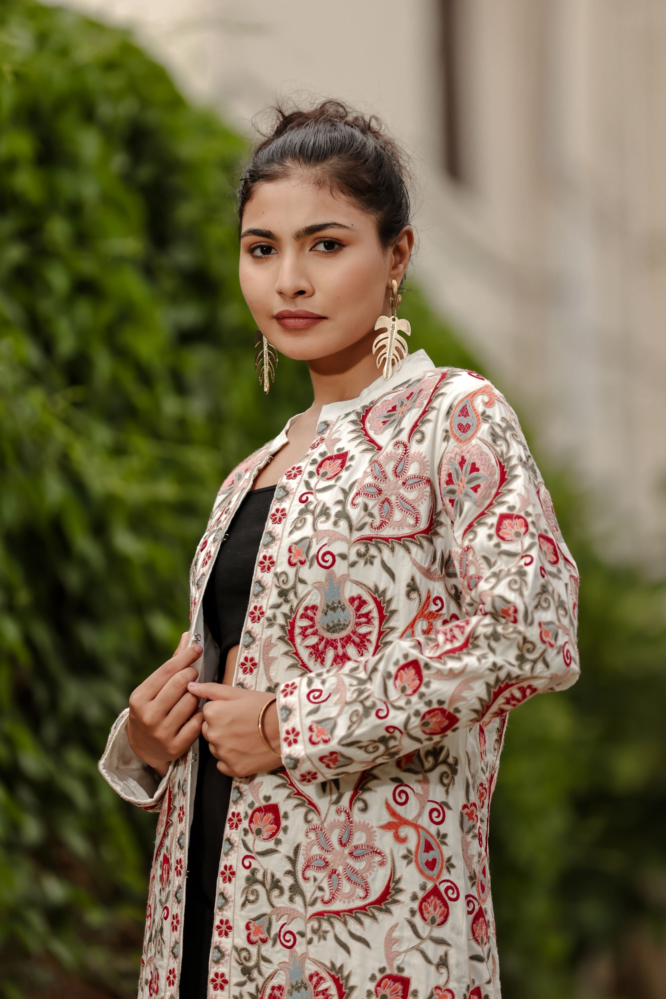 White Thread Embroidered Organic Cotton Jacket